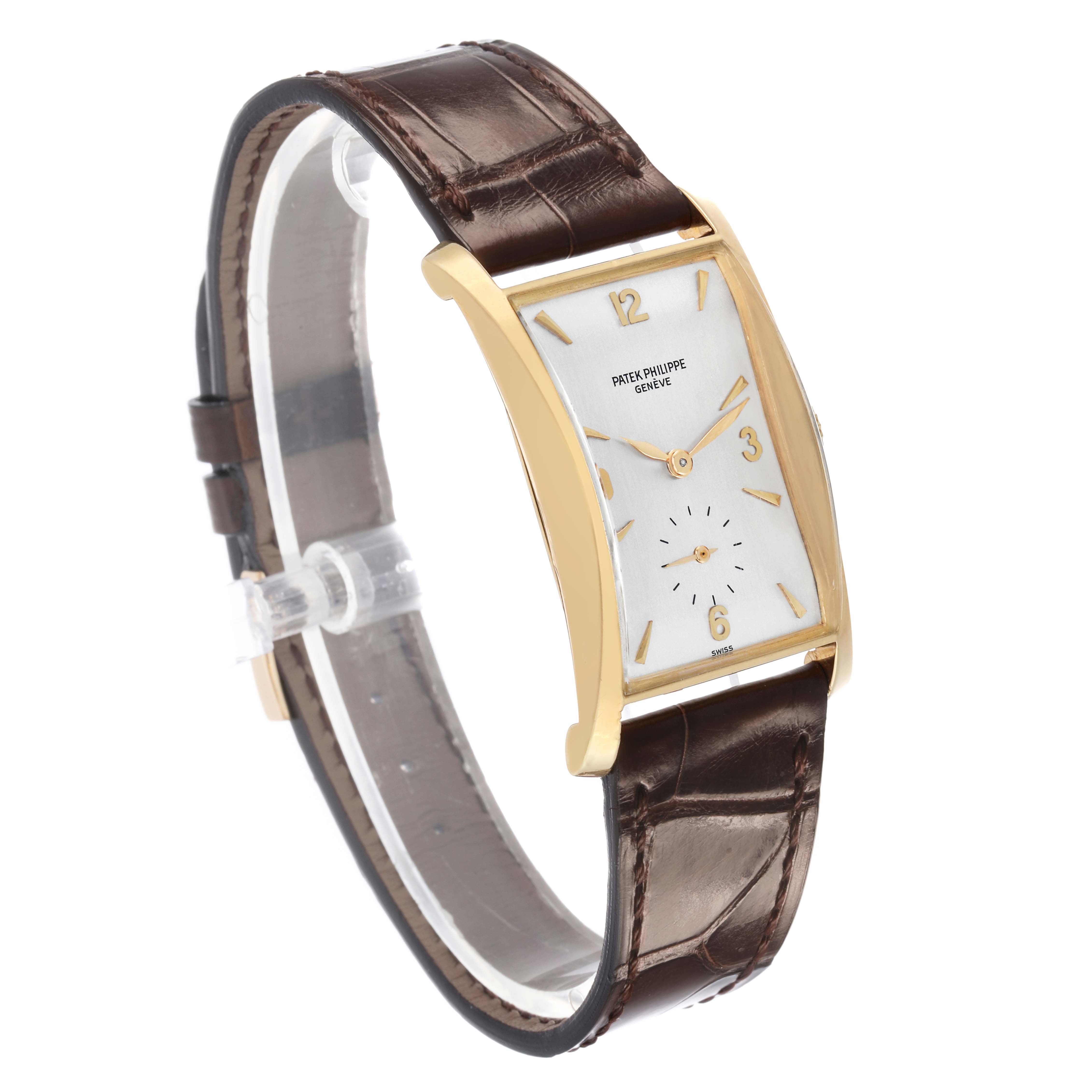 The Patek Philippe Vintage 1593 Men's Yellow Gold Silver Dial model is shown at a slight angle, displaying the watch face, gold case, and brown leather strap.