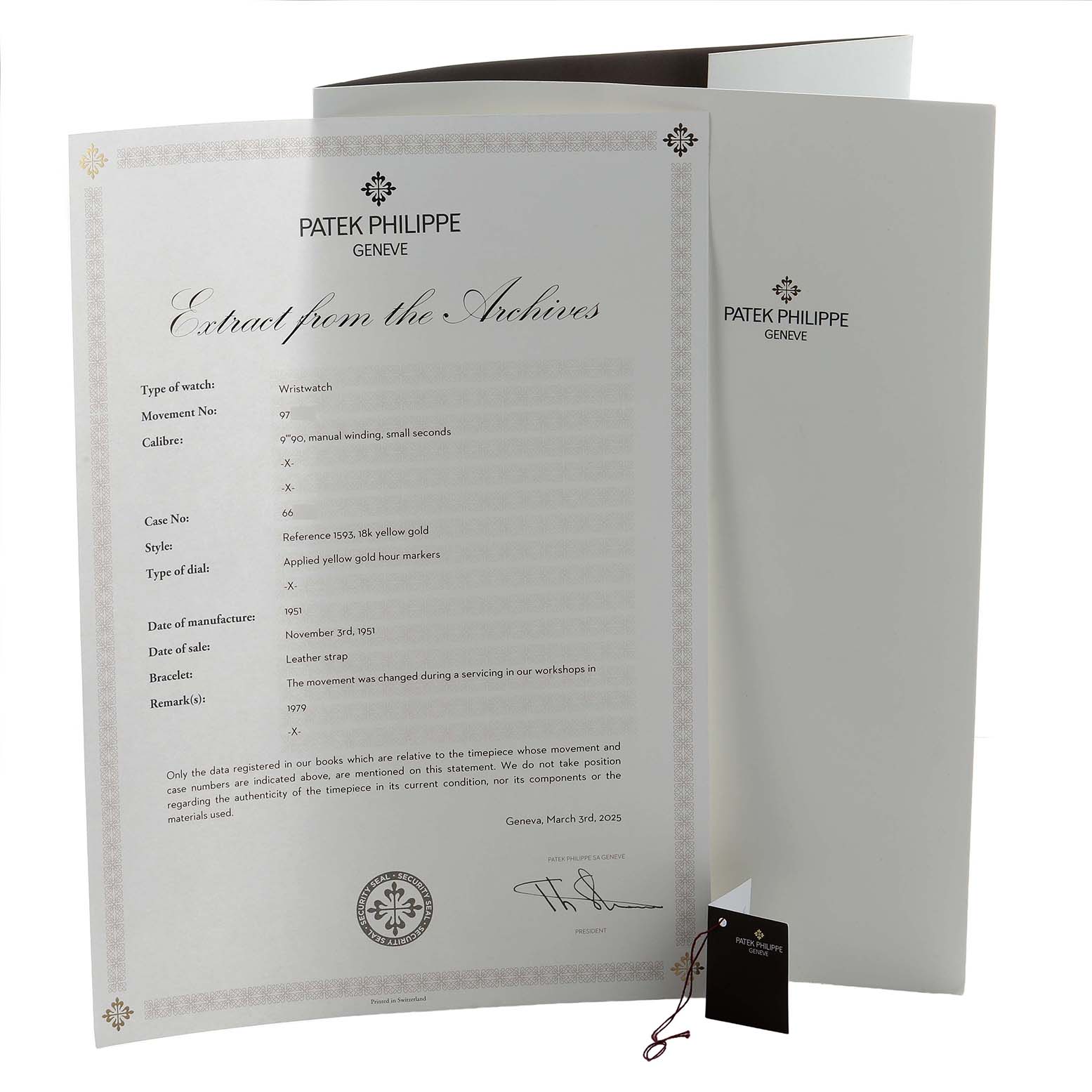 The image shows a Patek Philippe Vintage 1593 Men's Yellow Gold Silver Dial model’s document folder and tag, viewed from the front at an angle.