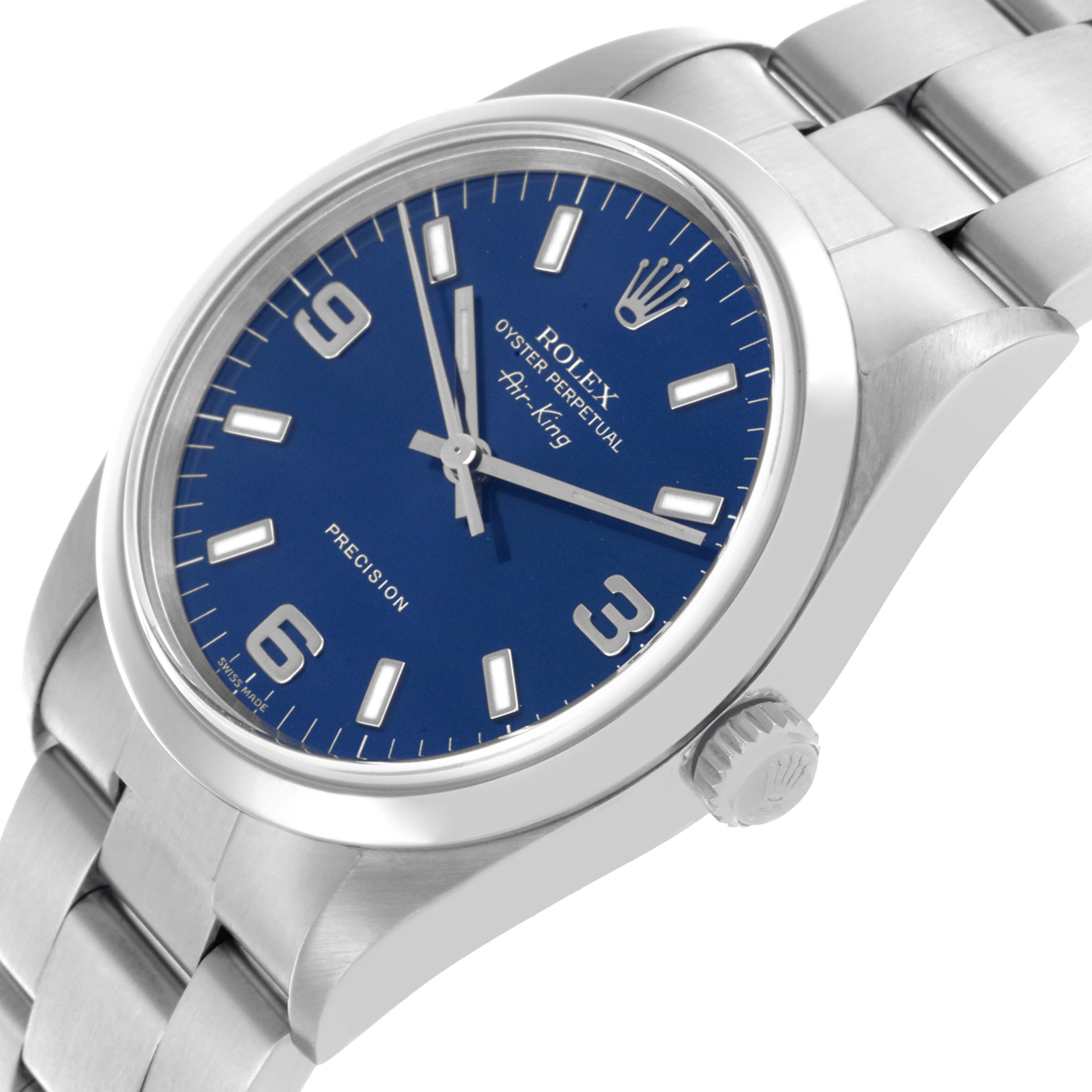 The Rolex Air-King 14000 Men's Stainless Steel Blue Dial 14000 Men's Stainless Steel Blue Dial watch is shown from an angled close-up, highlighting the dial, crown, and bracelet.