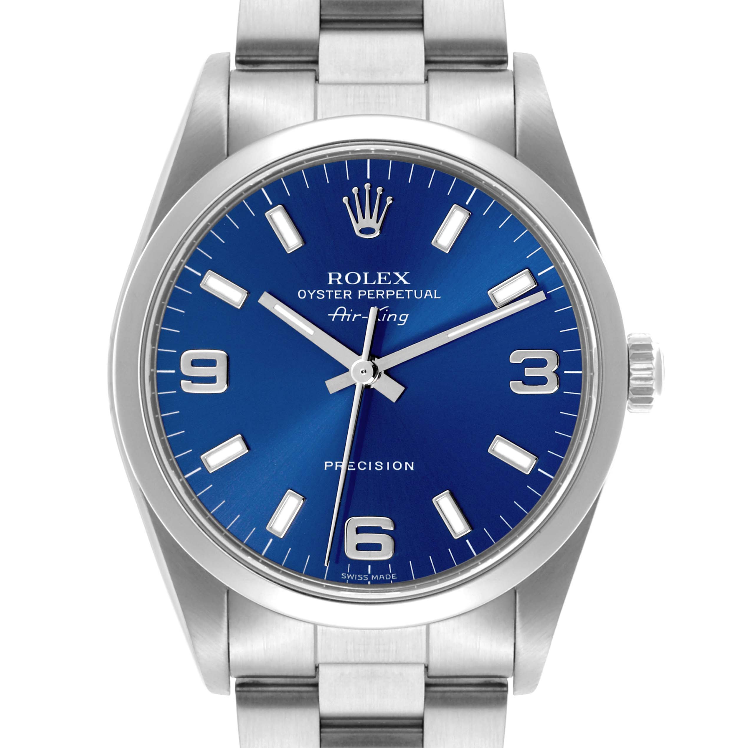 The Rolex Air-King 14000 Men's Stainless Steel Blue Dial 14000 Men's Stainless Steel Blue Dial watch is shown from a top-down angle, displaying its face and part of the bracelet.