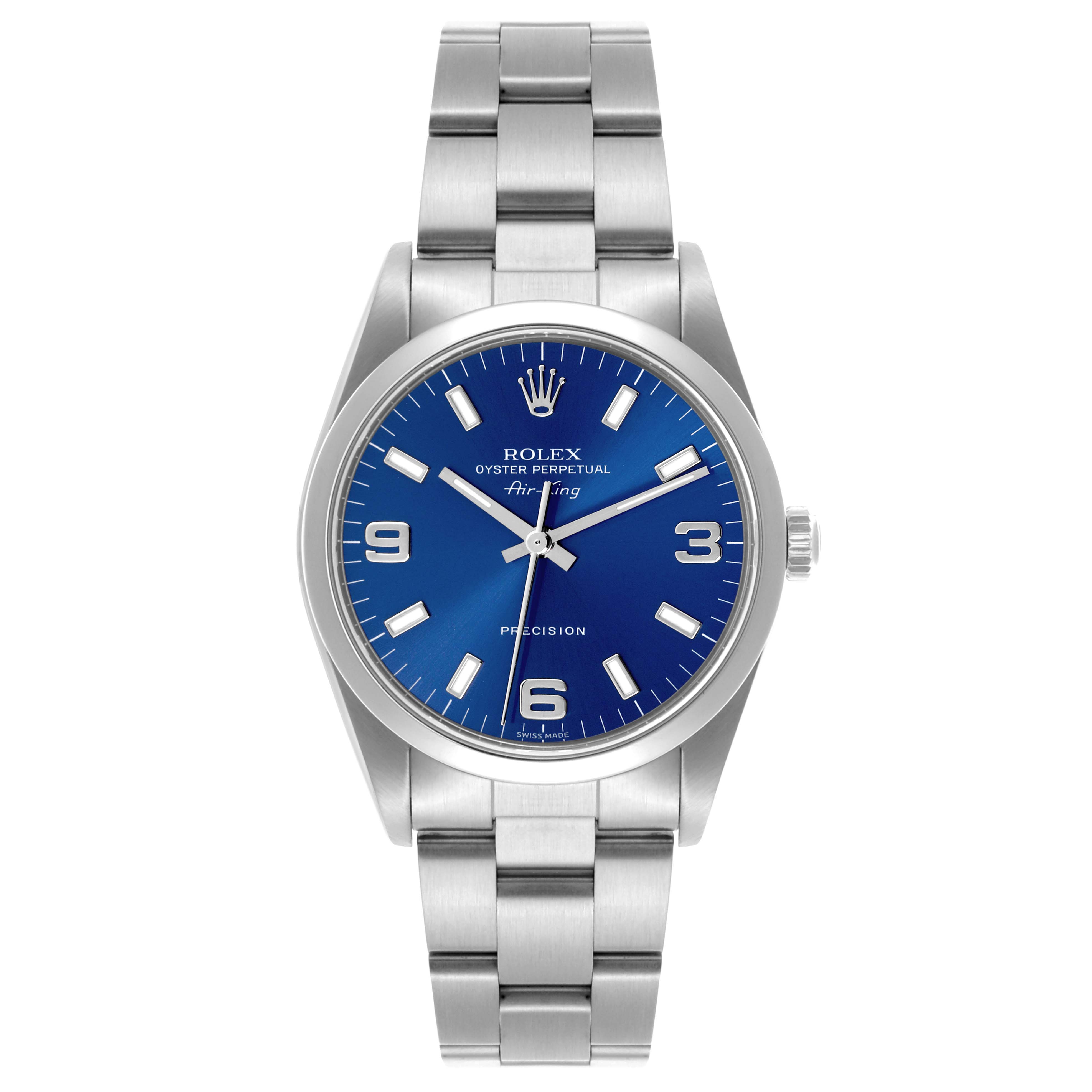 The Rolex Air-King 14000 Men's Stainless Steel Blue Dial 14000 Men's Stainless Steel Blue Dial watch is shown from a front angle, displaying the dial, bracelet, and crown.