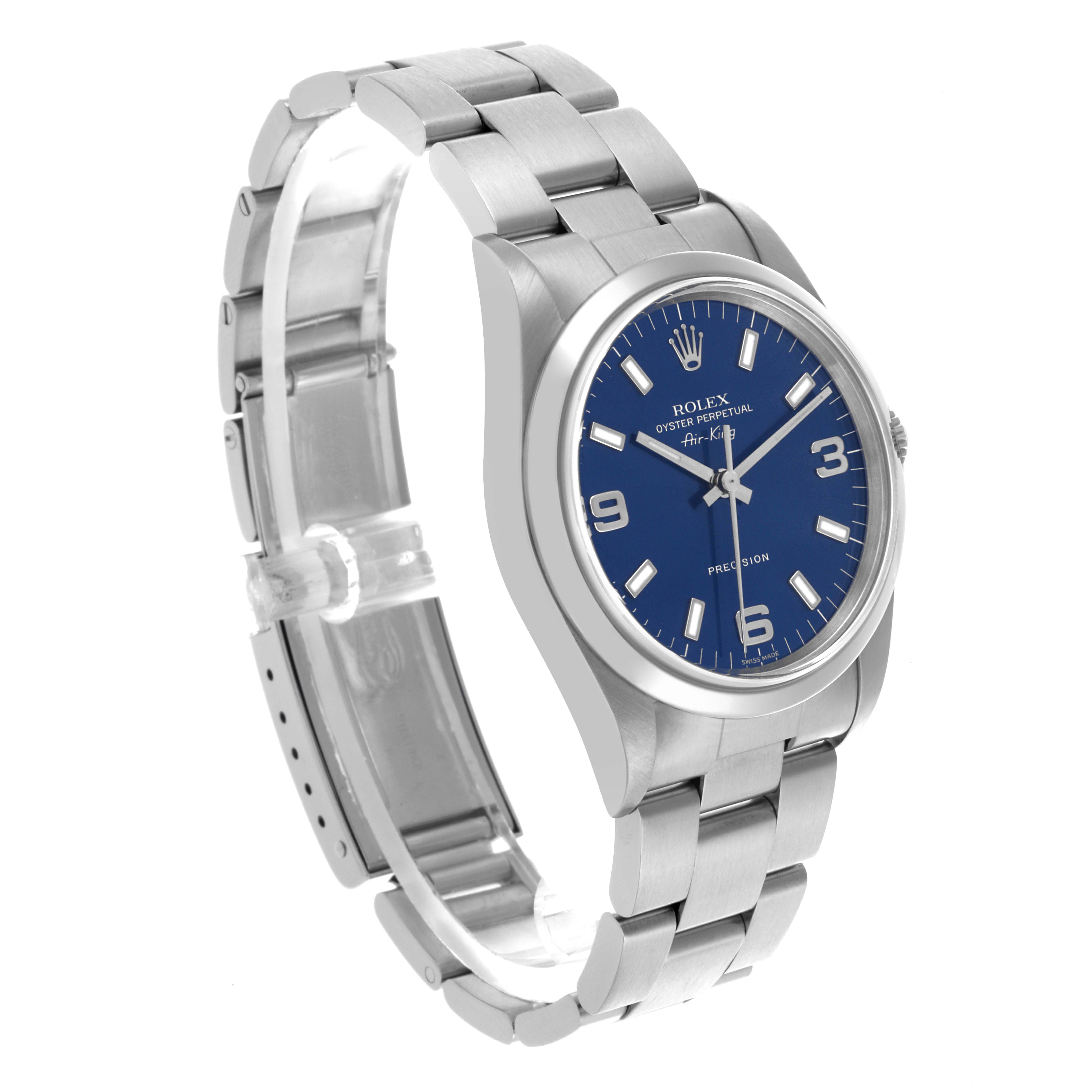 The Rolex Air-King 14000 Men's Stainless Steel Blue Dial 14000 Men's Stainless Steel Blue Dial watch is shown at a slight angle, displaying the face, bezel, and bracelet.