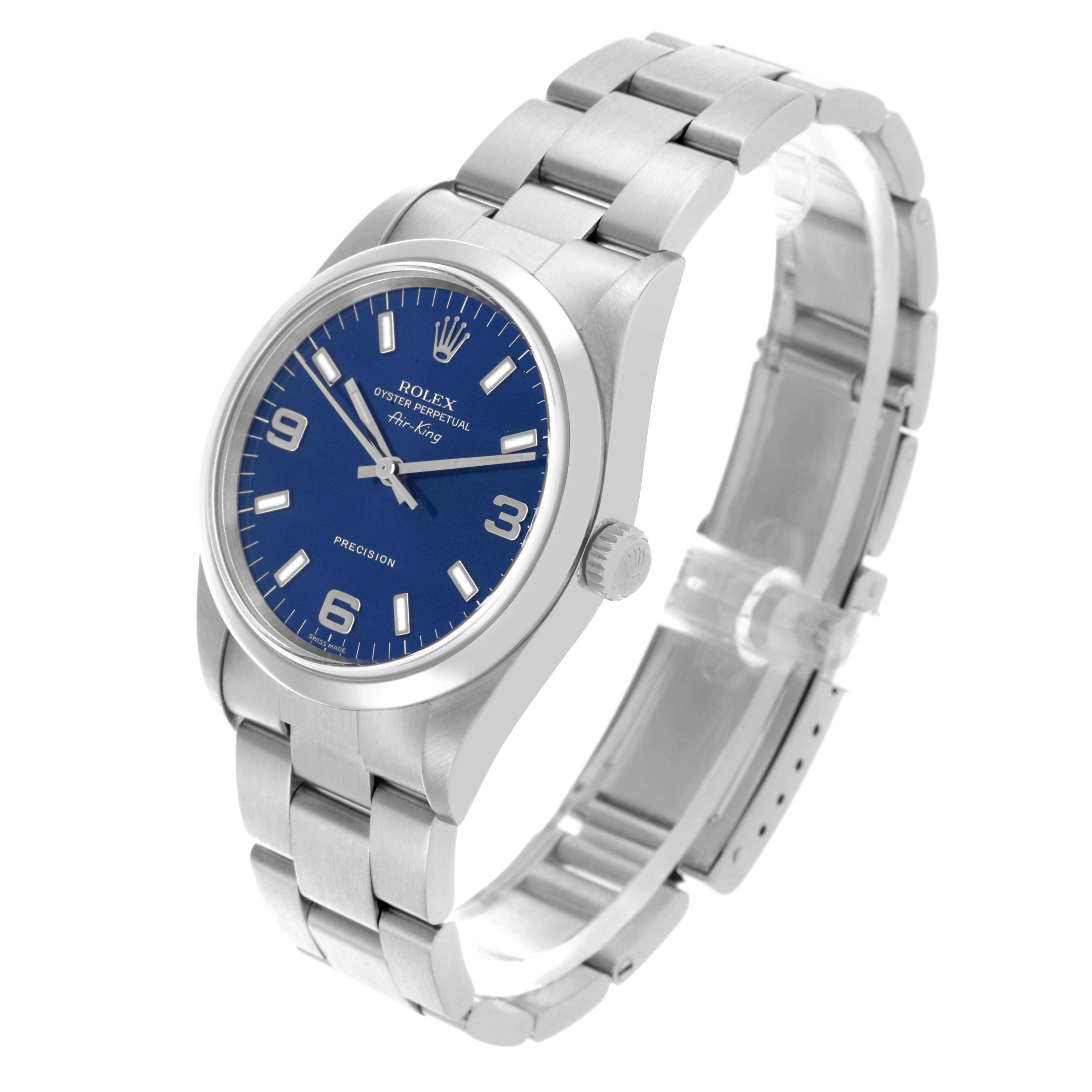 The Rolex Air-King 14000 Men's Stainless Steel Blue Dial 14000 Men's Stainless Steel Blue Dial watch is shown at a three-quarter angle, highlighting the blue dial, crown, and metal bracelet.