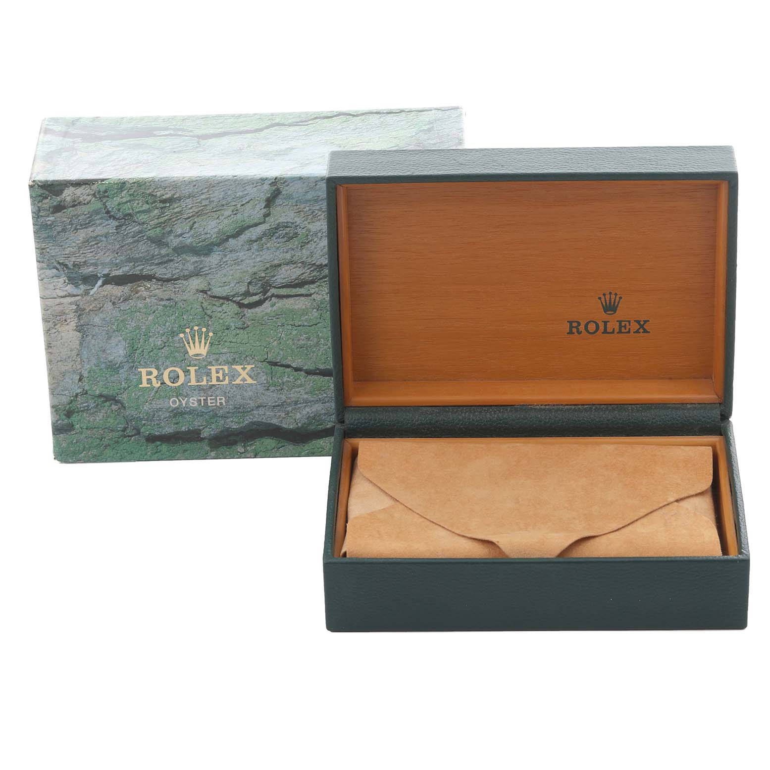 The image shows a Rolex Air-King 14000 Men's Stainless Steel Blue Dial 14000 Men's Stainless Steel Blue Dial watch box and packaging with a partially open lid.