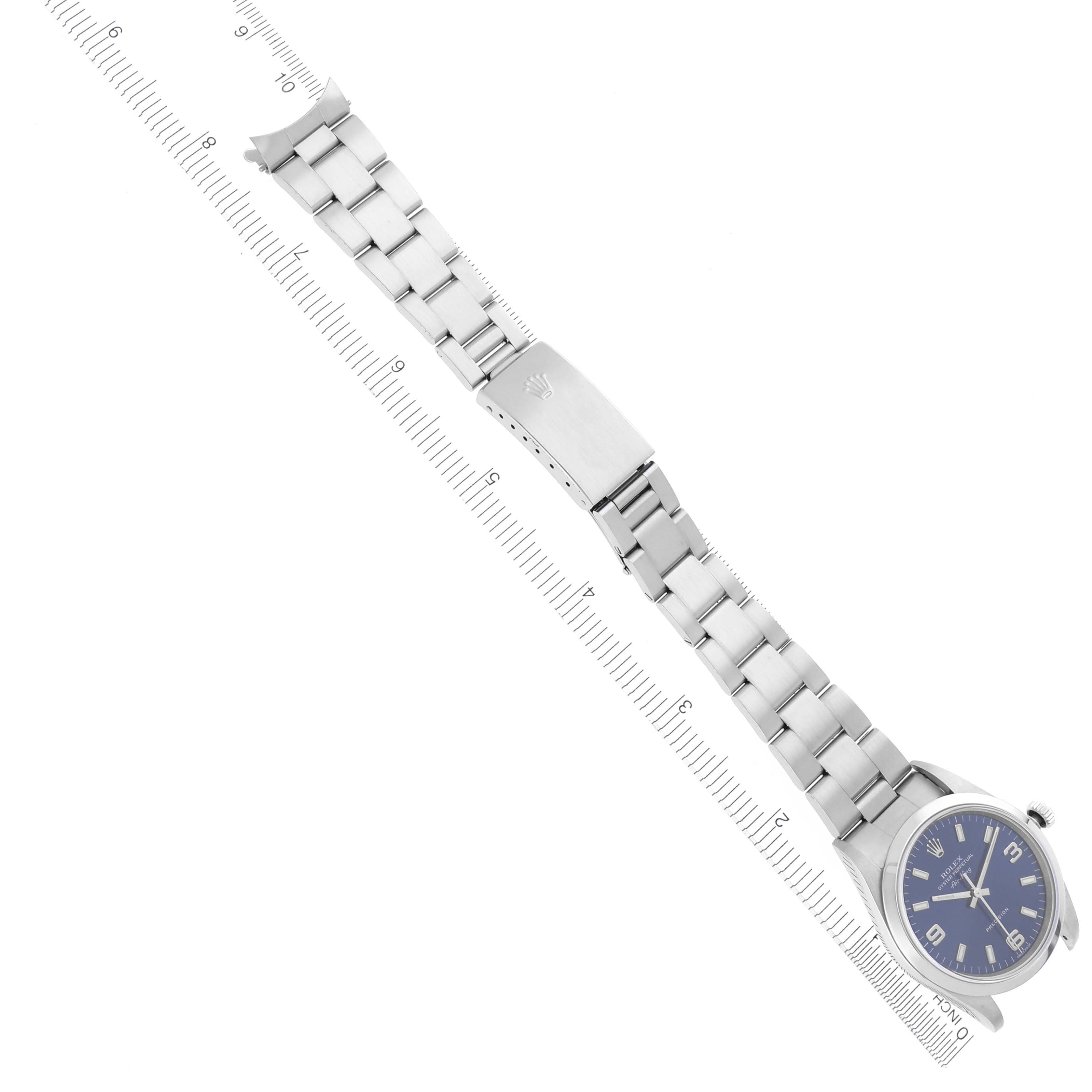 The Rolex Air-King 14000 Men's Stainless Steel Blue Dial 14000 Men's Stainless Steel Blue Dial watch is shown diagonally with its bracelet extended and the clasp visible.