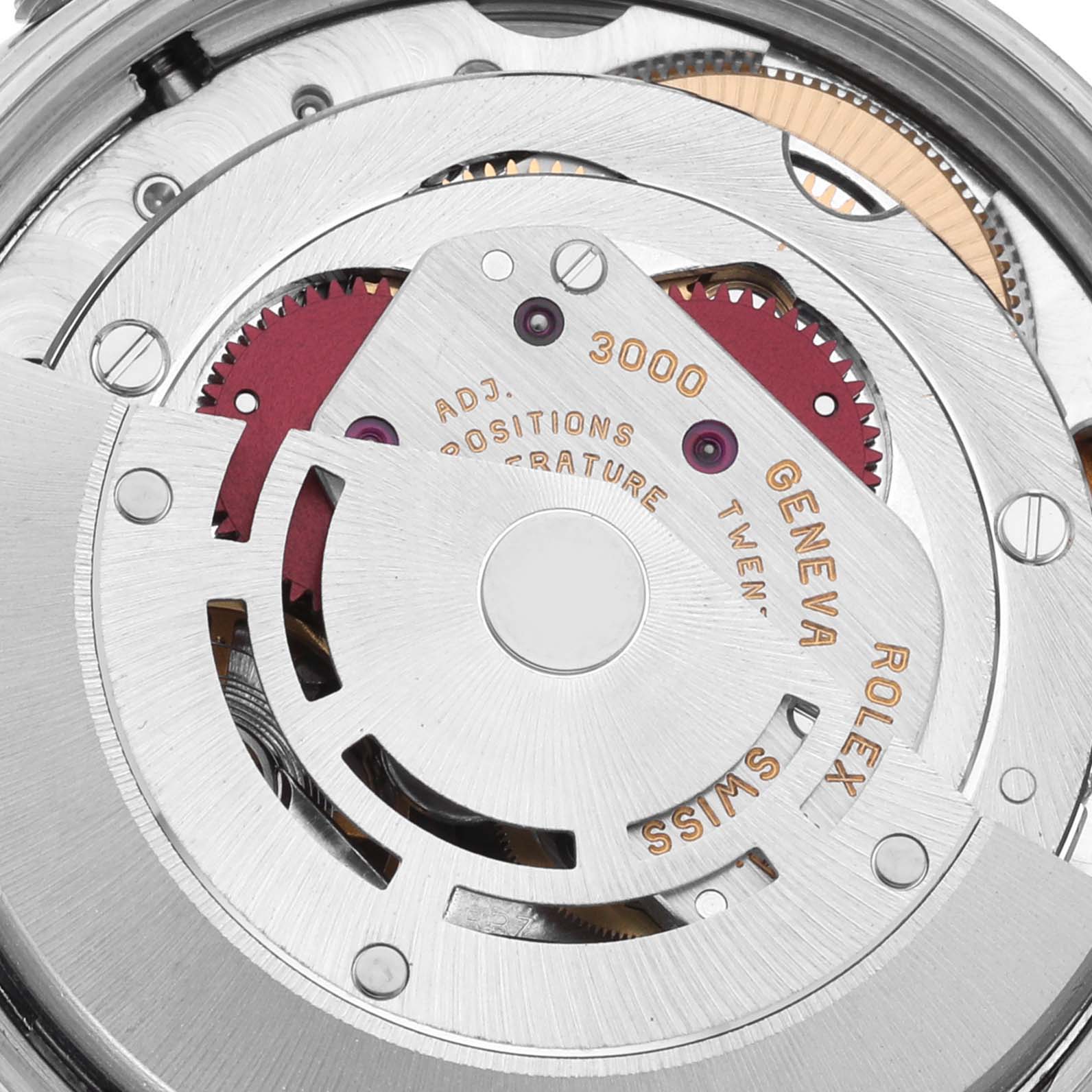 The image shows a close-up of the Rolex Air-King 14000 Men's Stainless Steel Blue Dial 14000 Men's Stainless Steel Blue Dial's movement from a top-down angle, highlighting its intricate mechanical components.