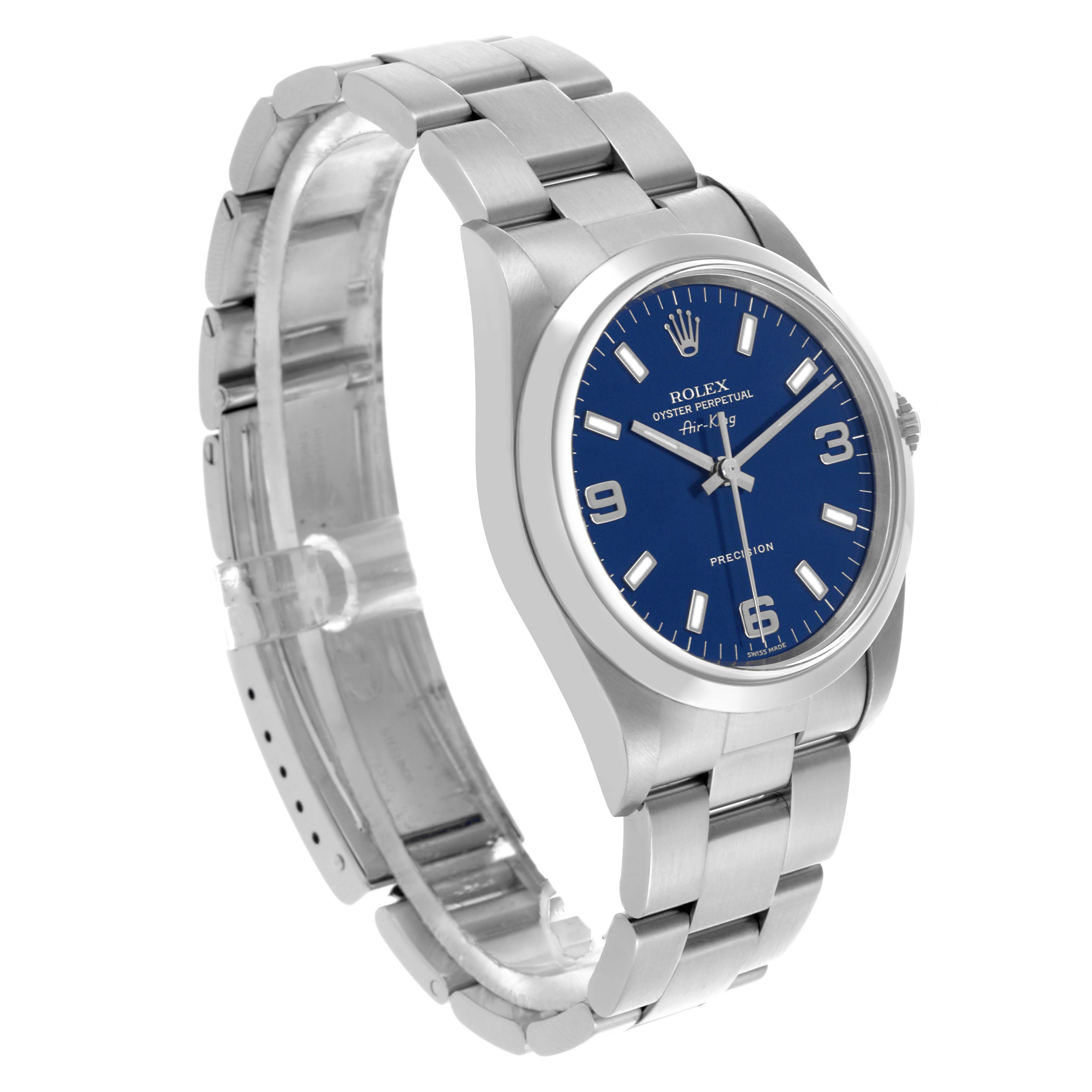 The Rolex Air-King 14000 Men's Stainless Steel Blue Dial 14000 Men's Stainless Steel Blue Dial watch is shown at a three-quarter angle, displaying its blue dial, case, and bracelet.
