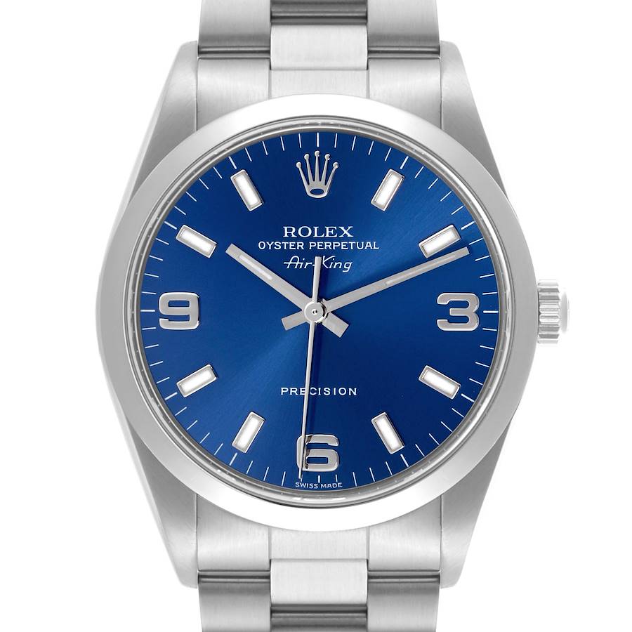 The Rolex Air-King watch is shown from the front, displaying the blue dial and silver bracelet.