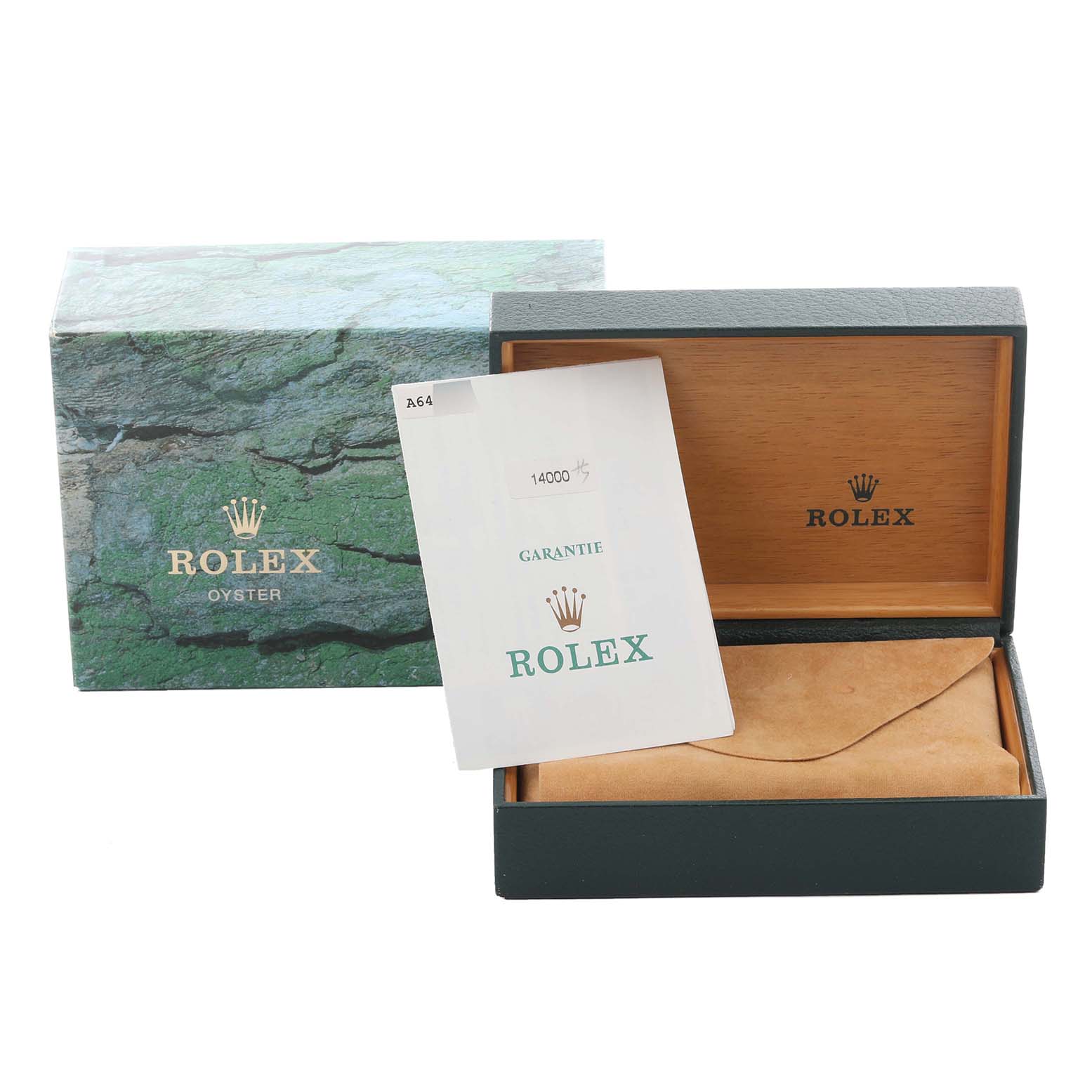 The image shows a Rolex Air-King 14000 Men's Stainless Steel Blue Dial 14000 Men's Stainless Steel Blue Dial box with a warranty card and the inner cushion from a frontal angle.