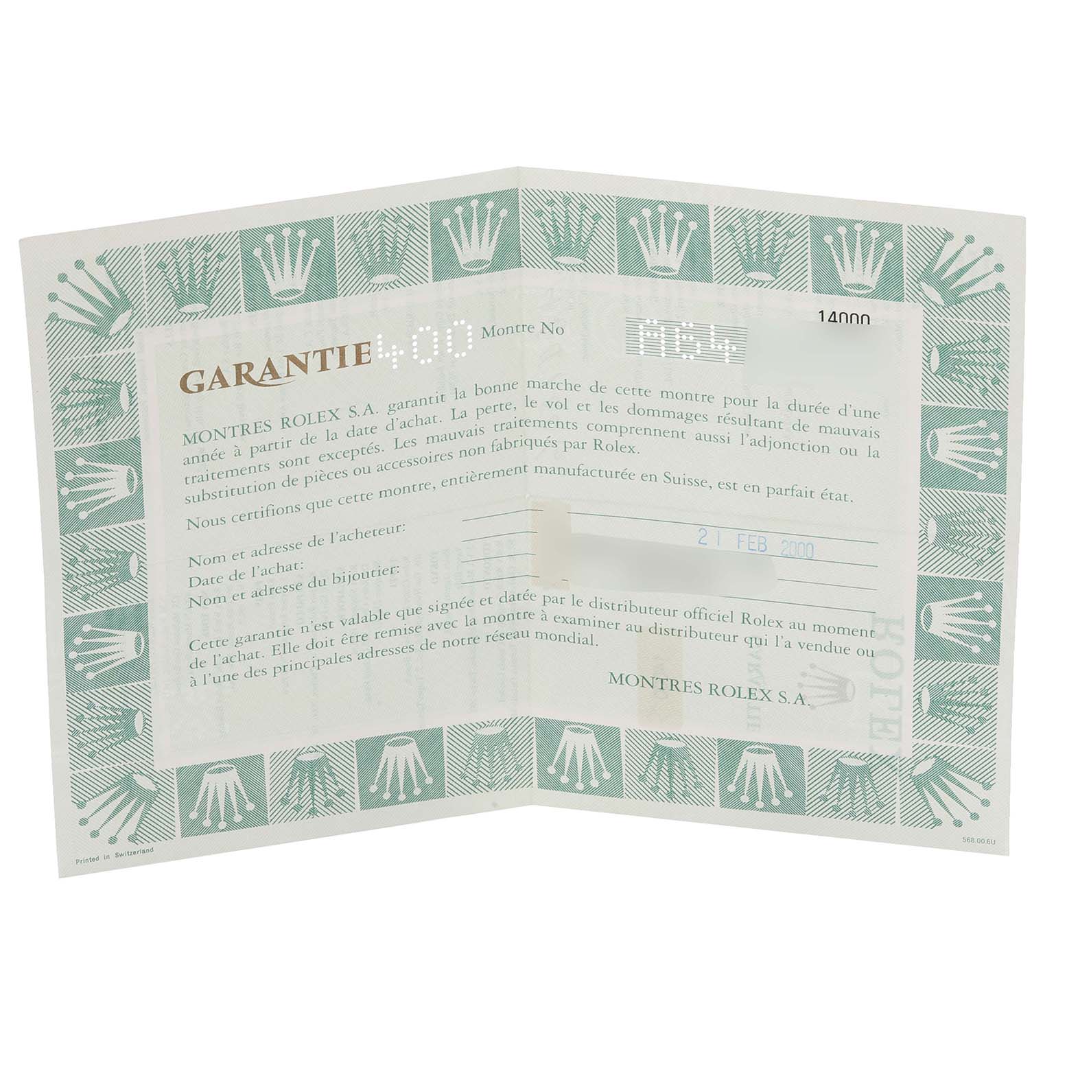 The image shows a certificate of authenticity and warranty for a Rolex Air-King 14000 Men's Stainless Steel Blue Dial 14000 Men's Stainless Steel Blue Dial watch.