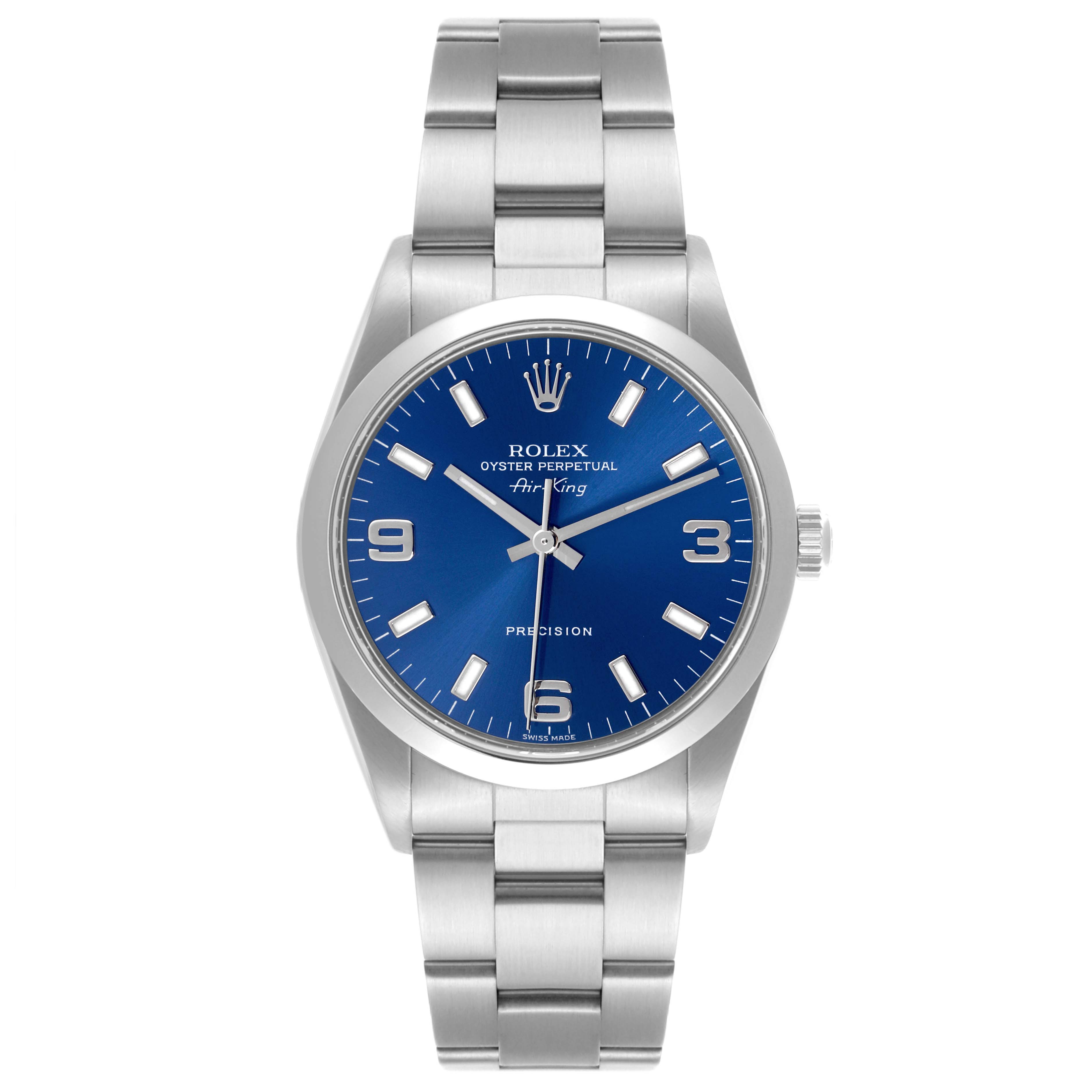 The Rolex Air-King 14000 Men's Stainless Steel Blue Dial 14000 Men's Stainless Steel Blue Dial watch is shown from a front angle, featuring its blue dial, silver hour markers, and stainless steel bracelet.