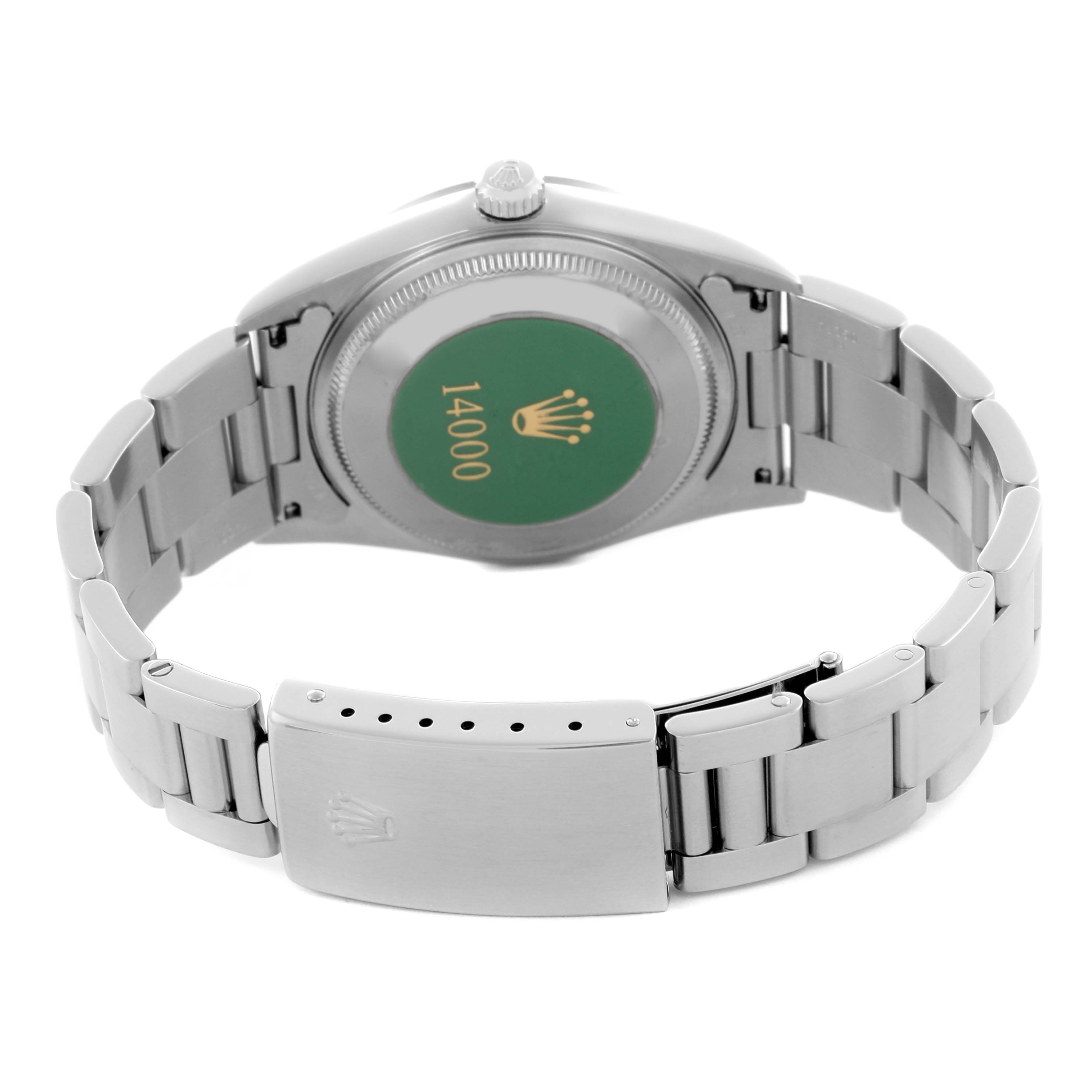 The image shows the back view of a Rolex Air-King 14000 Men's Stainless Steel Blue Dial 14000 Men's Stainless Steel Blue Dial watch, highlighting the case back and bracelet.