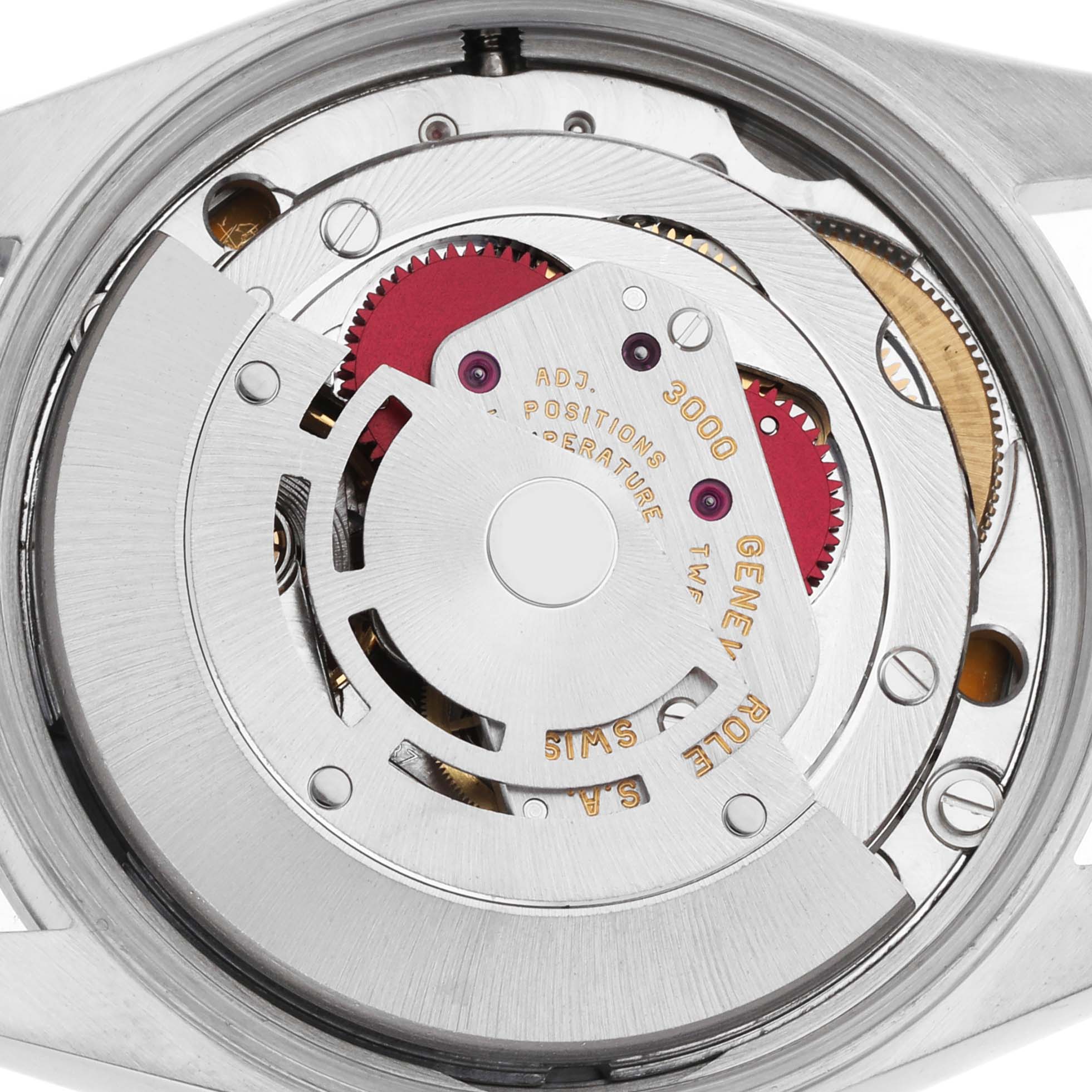 The image shows the movement mechanism of a Rolex Air-King 14000 Men's Stainless Steel Blue Dial watch from the back.