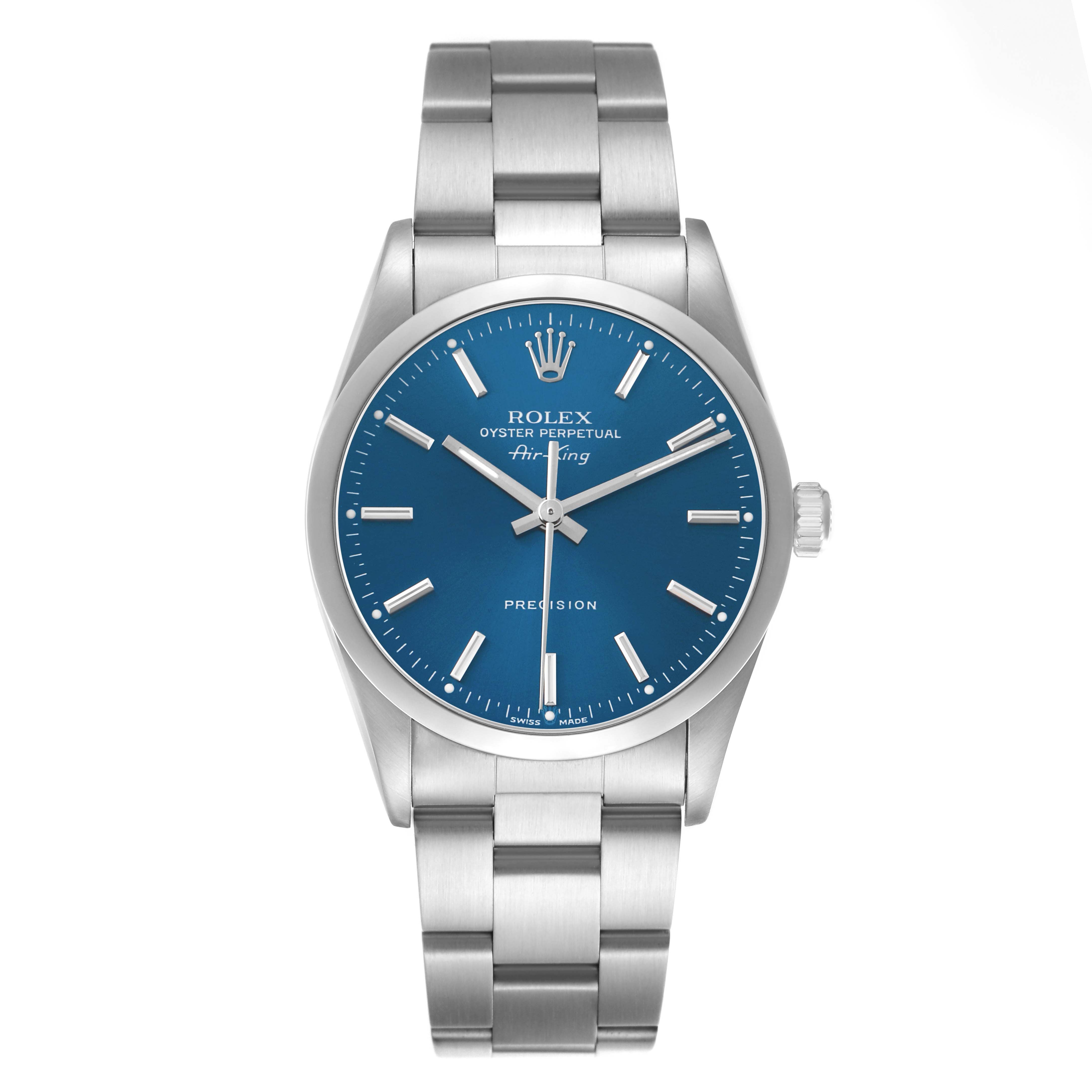 The Rolex Air-King 14000 Men's Stainless Steel Blue Dial watch is shown from a front angle, displaying the dial, hour markers, hands, bezel, crown, and bracelet.