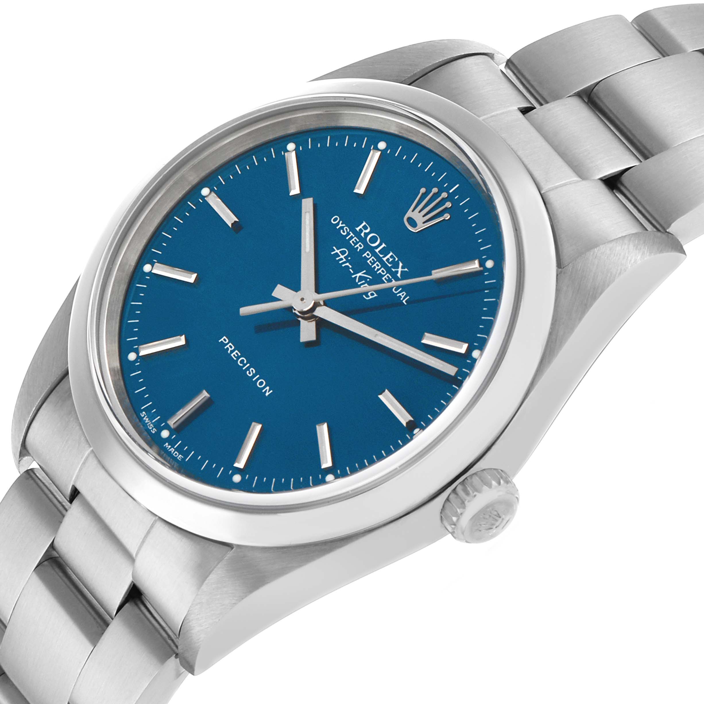 The Rolex Air-King 14000 Men's Stainless Steel Blue Dial watch is shown at a slight angle, highlighting the dial, case, crown, and part of the bracelet.