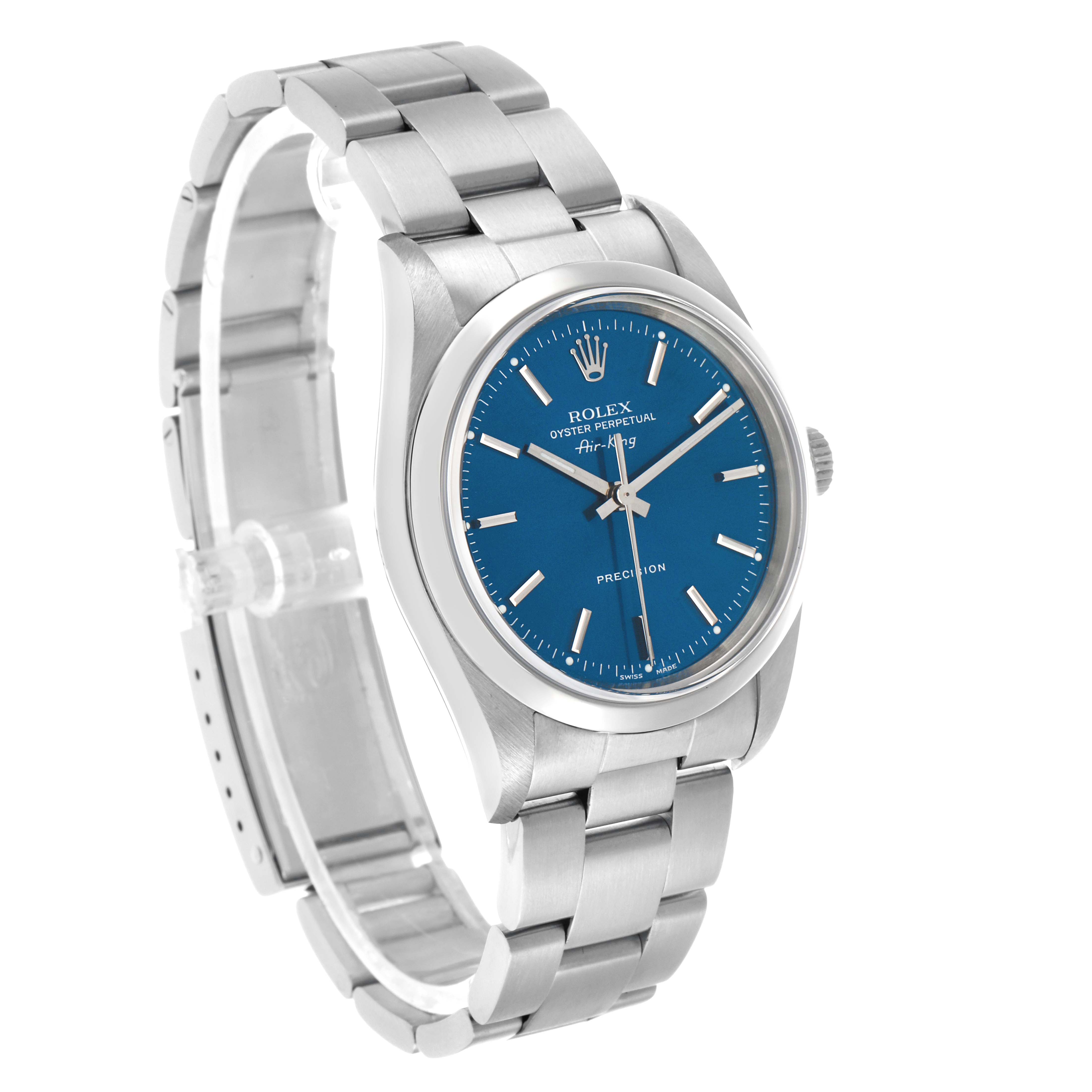 The Rolex Air-King 14000 Men's Stainless Steel Blue Dial watch is shown at a three-quarter angle displaying the dial, bezel, crown, and bracelet.