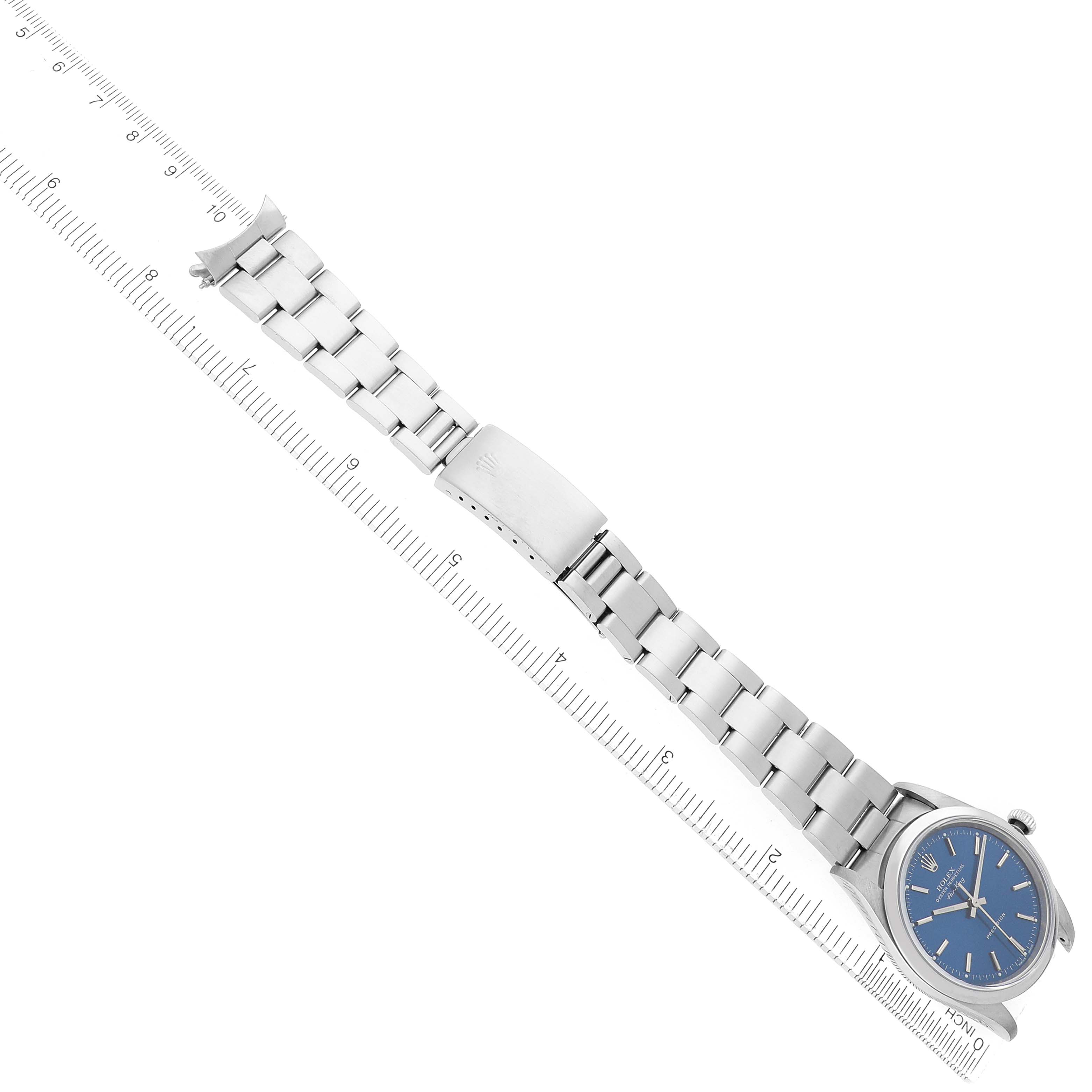 The Rolex Air-King 14000 Men's Stainless Steel Blue Dial watch is shown from a top-down angle, displaying its bracelet, clasp, and blue dial clearly.