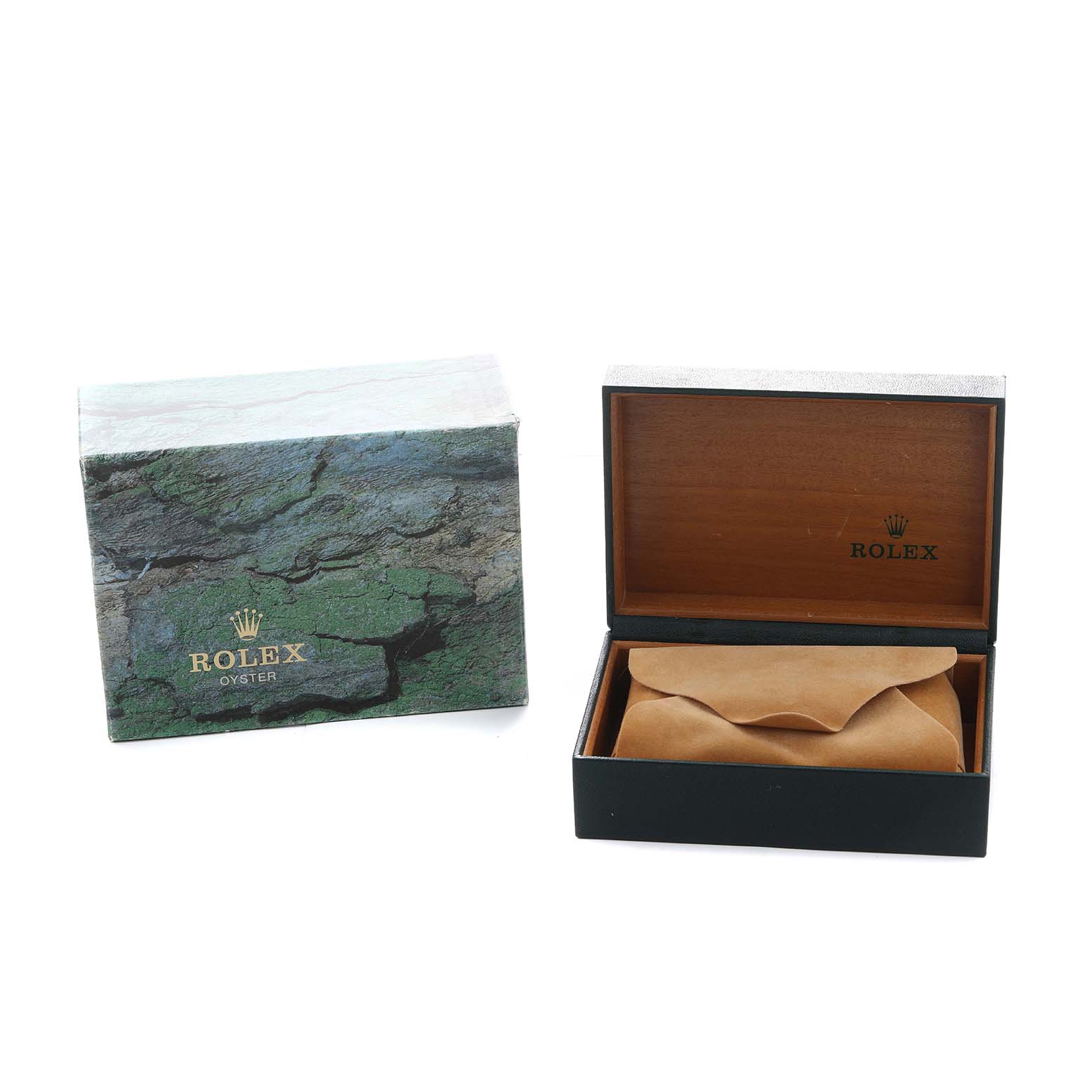 The image shows the packaging for a Rolex Air-King 14000 Men's Stainless Steel Blue Dial, including the outer box and the open inner wooden box with a suede pouch.