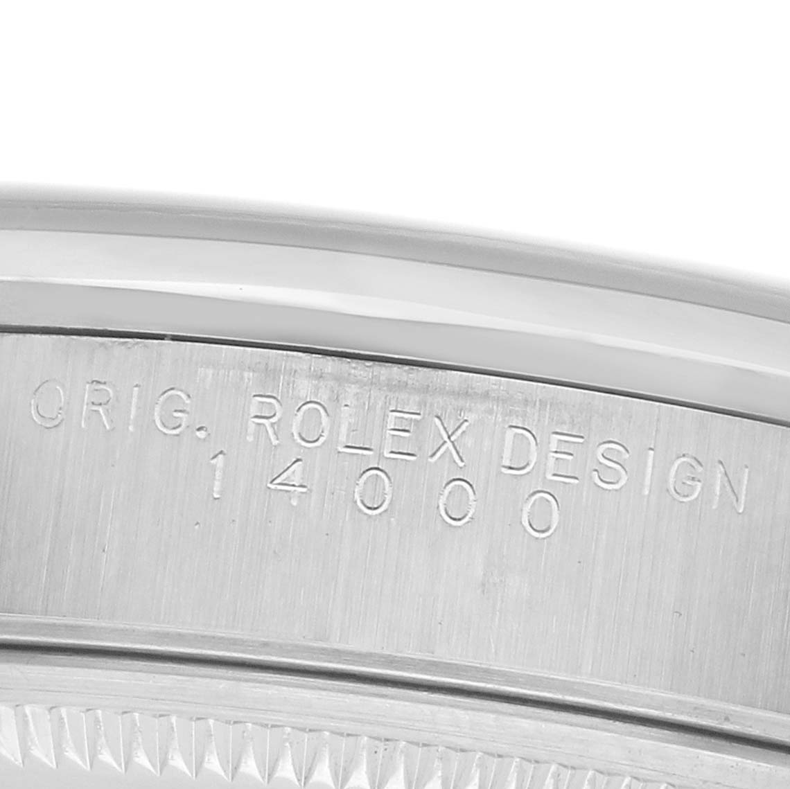 The image shows a close-up of the Rolex Air-King 14000 Men's Stainless Steel Blue Dial model's case, highlighting the engraved design and model number.