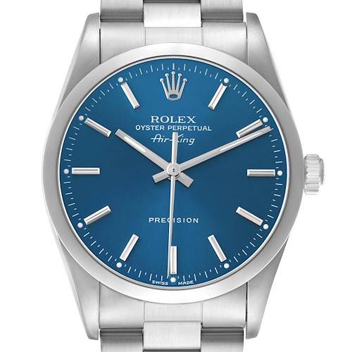 The Rolex Air-King 14000 Men's Stainless Steel Blue Dial watch is shown from a frontal angle, displaying its blue dial, hour markers, hands, and crown.
