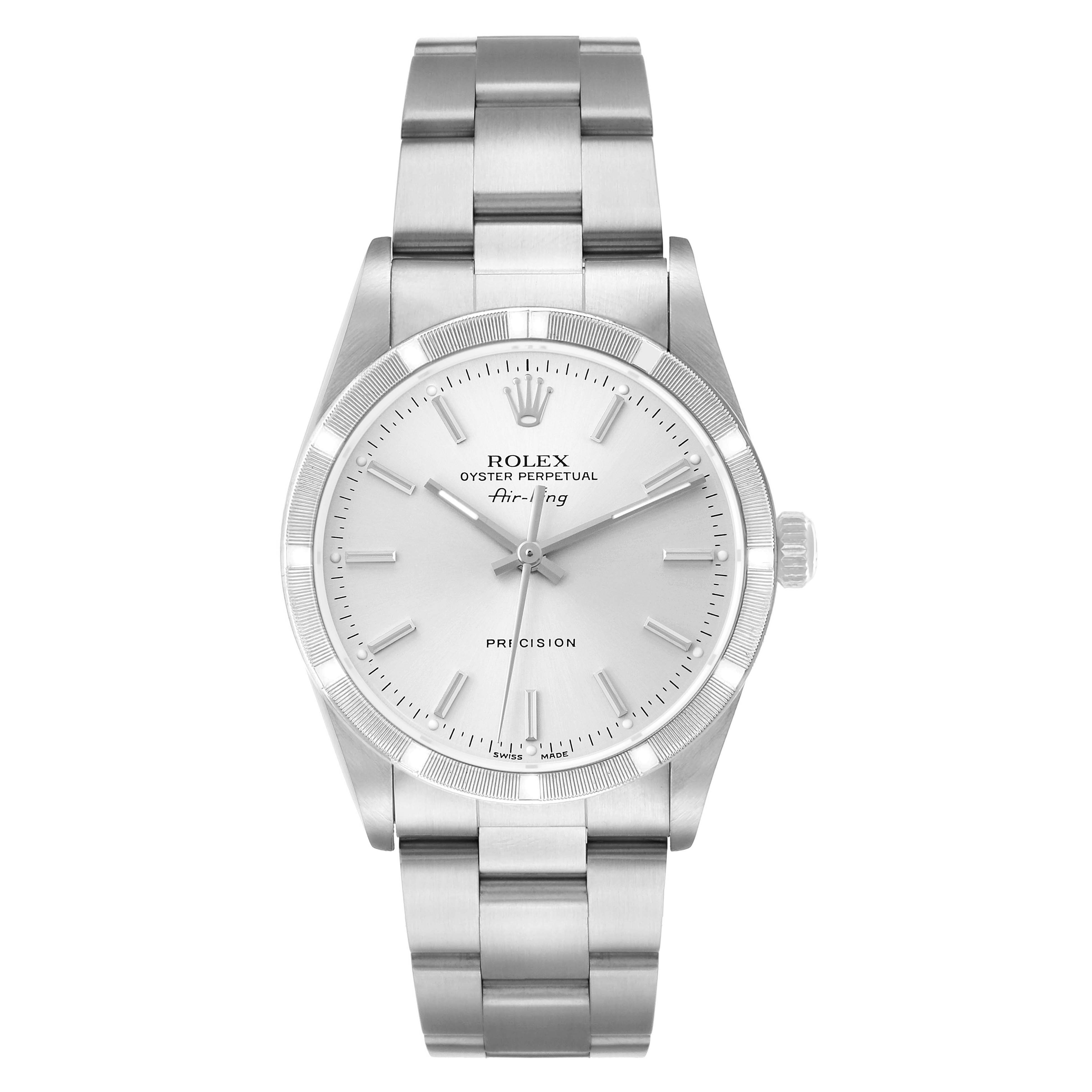 The Rolex Air-King 14010 Men's Stainless Steel Silver Dial watch is shown from a front angle, displaying the full face, bezel, crown, and bracelet.