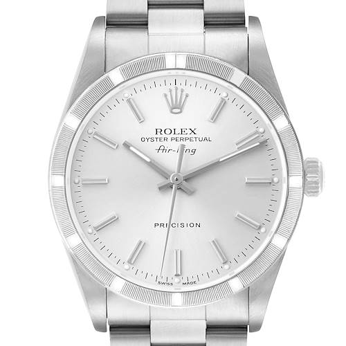 The Rolex Air-King 14010 Men's Stainless Steel Silver Dial watch is shown from a front angle, highlighting the dial, bezel, and part of the bracelet.