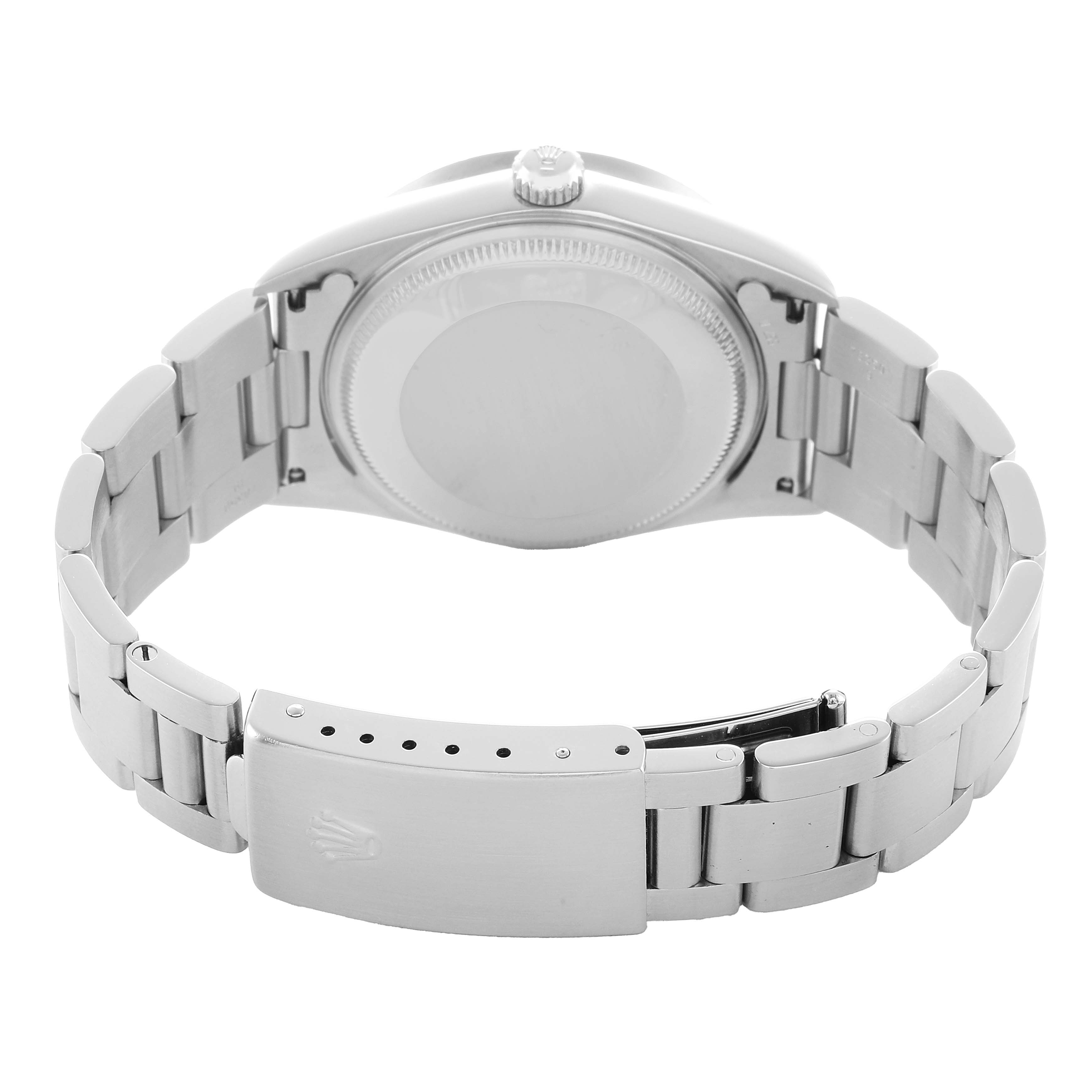 The image shows the back view of the Rolex Air-King 14010 Men's Stainless Steel Silver Dial, highlighting the clasp and bracelet links.