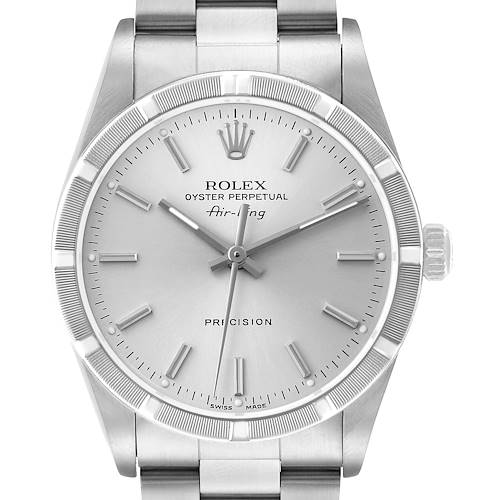 The image shows a front view of the Rolex Air-King 14010 Men's Stainless Steel Silver Dial watch, highlighting its dial, bezel, and bracelet.