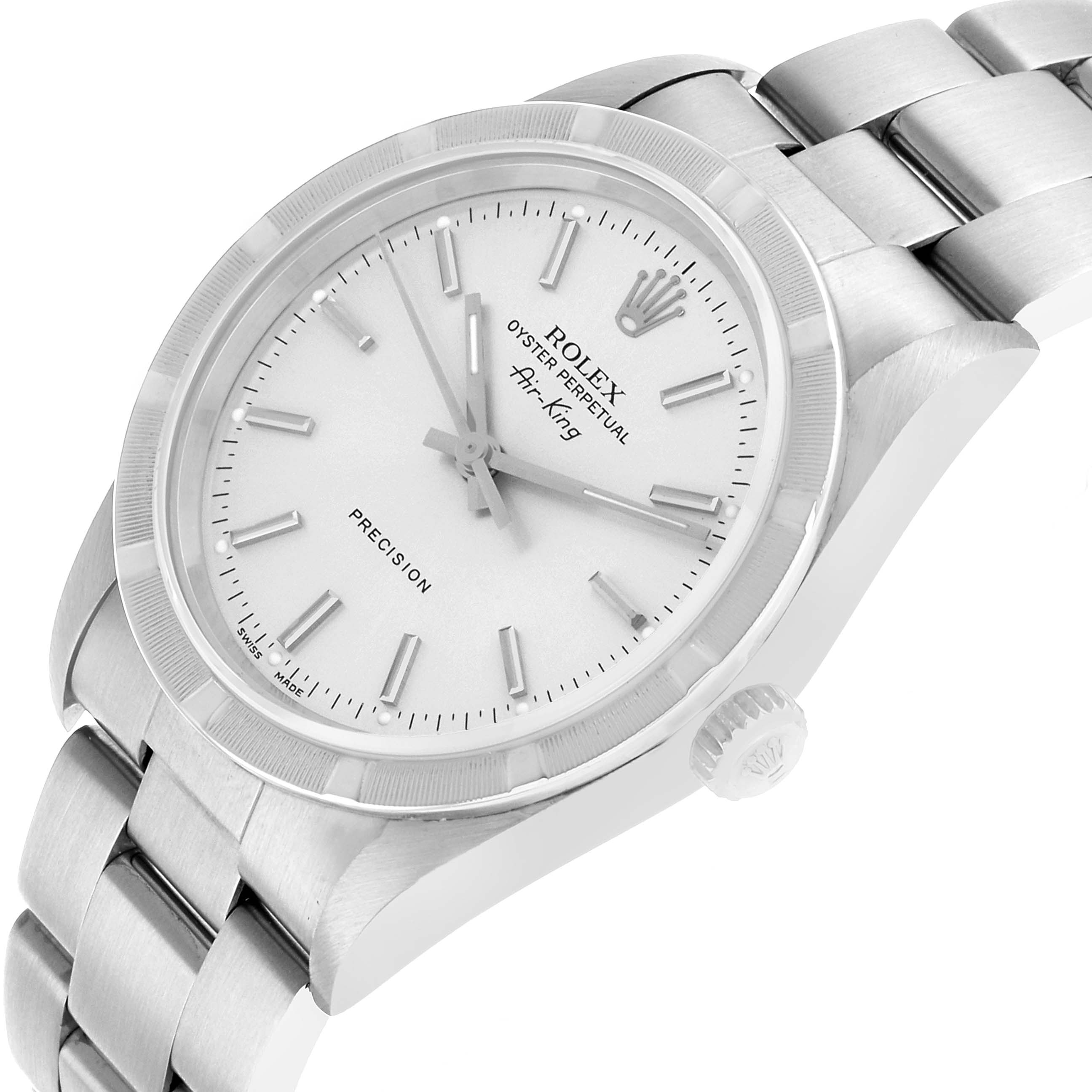 The Rolex Air-King 14010 Men's Stainless Steel Silver Dial watch is shown at a slight side angle, highlighting the dial, crown, and bracelet.