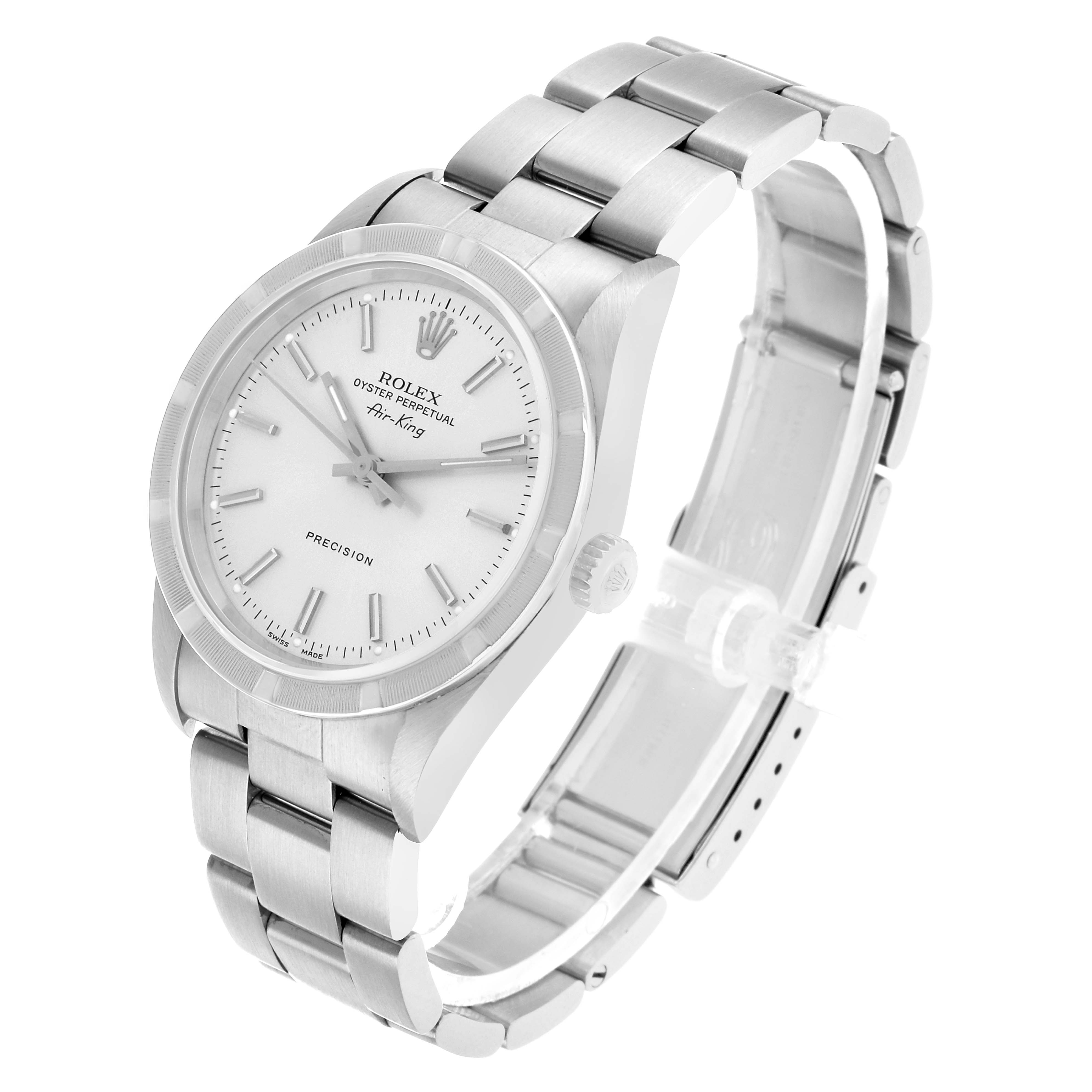 The Rolex Air-King 14010 Men's Stainless Steel Silver Dial watch is shown from an angled side view, highlighting the face, bezel, bracelet, and crown.