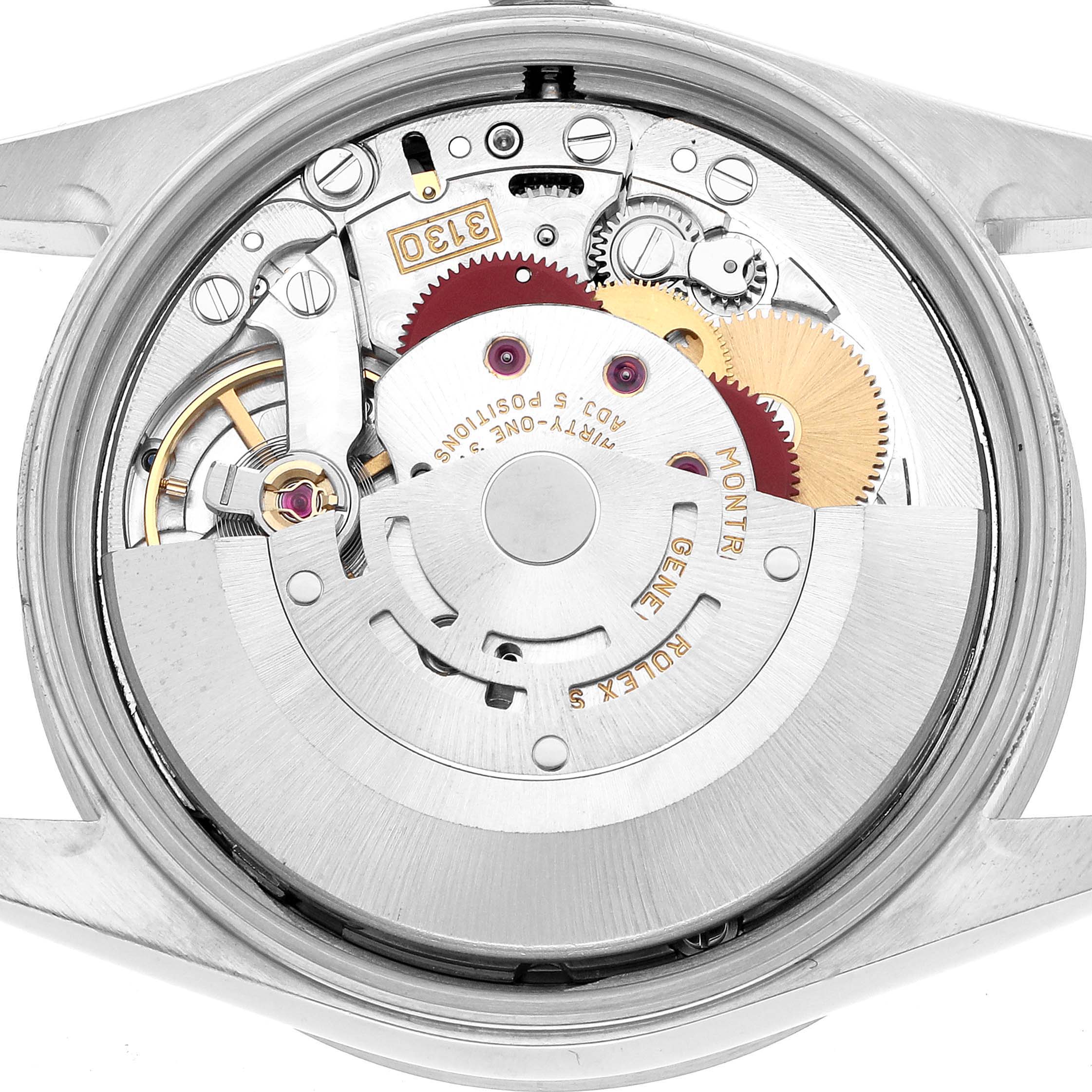 The image shows the back view of a Rolex Air-King 14010 Men's Stainless Steel Silver Dial watch, highlighting its intricate internal mechanism.