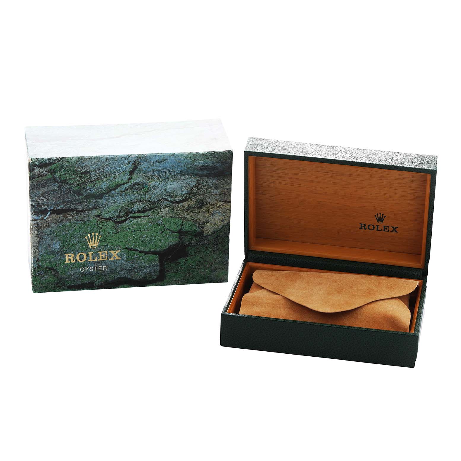 The image shows a Rolex Air-King 14010 Men's Stainless Steel Silver Dial box with the outer packaging and inner case, angled to display both the exterior and interior.