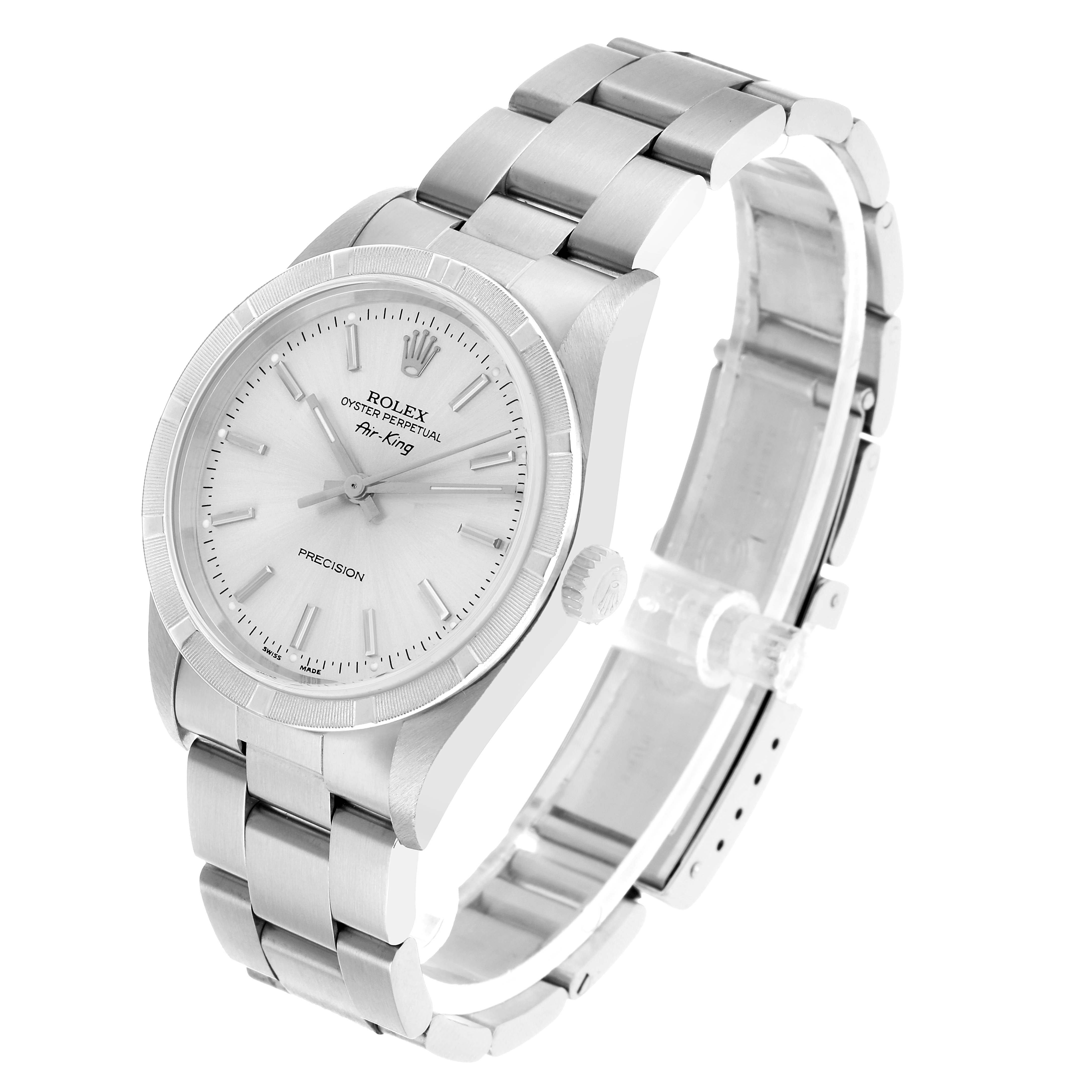 The Rolex Air-King 14010 Men's Stainless Steel Silver Dial watch is shown at a three-quarter angle, highlighting the face, bezel, and partially opened metal bracelet.