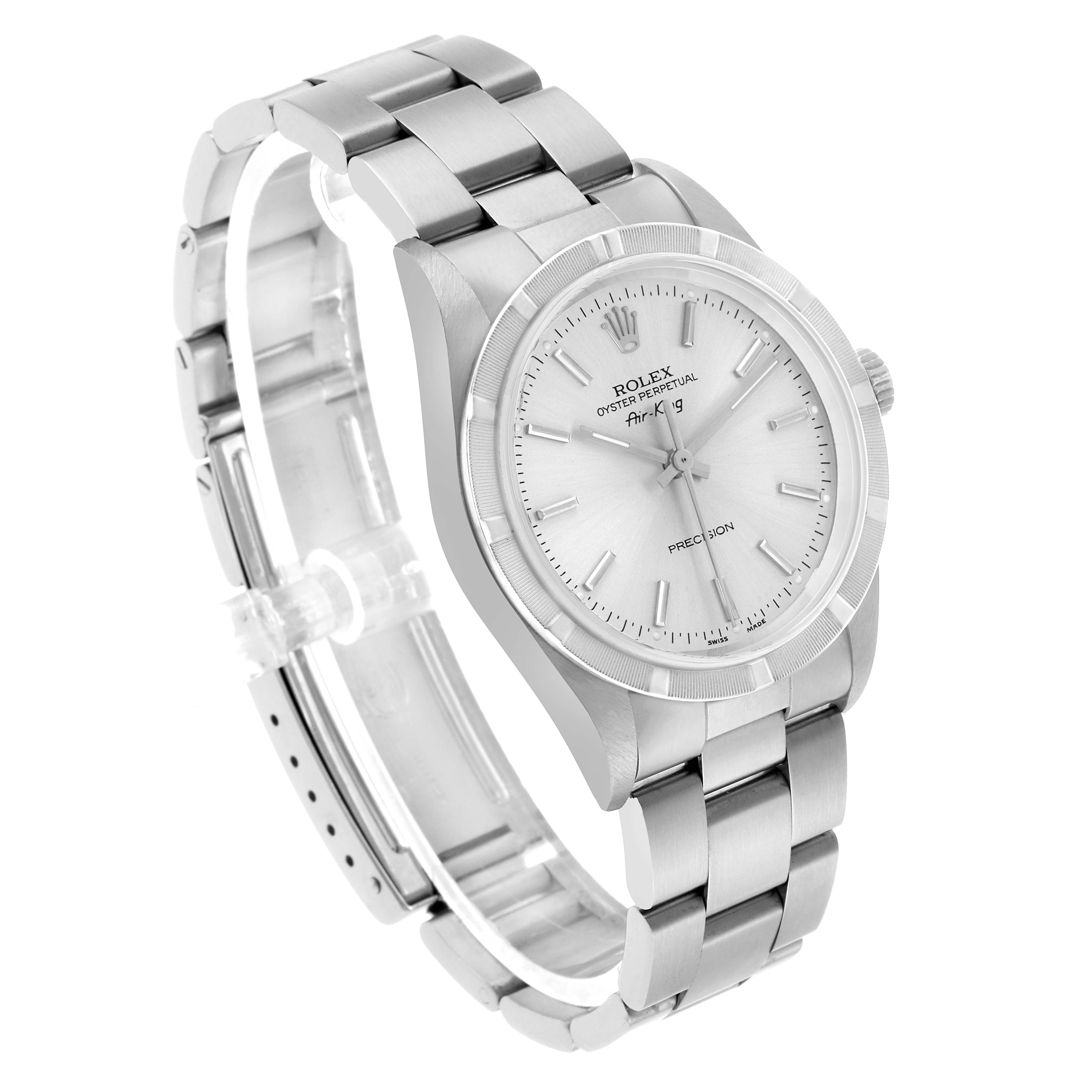 The Rolex Air-King 14010 Men's Stainless Steel Silver Dial watch is shown at an angled top view, highlighting the dial, bezel, and part of the bracelet.