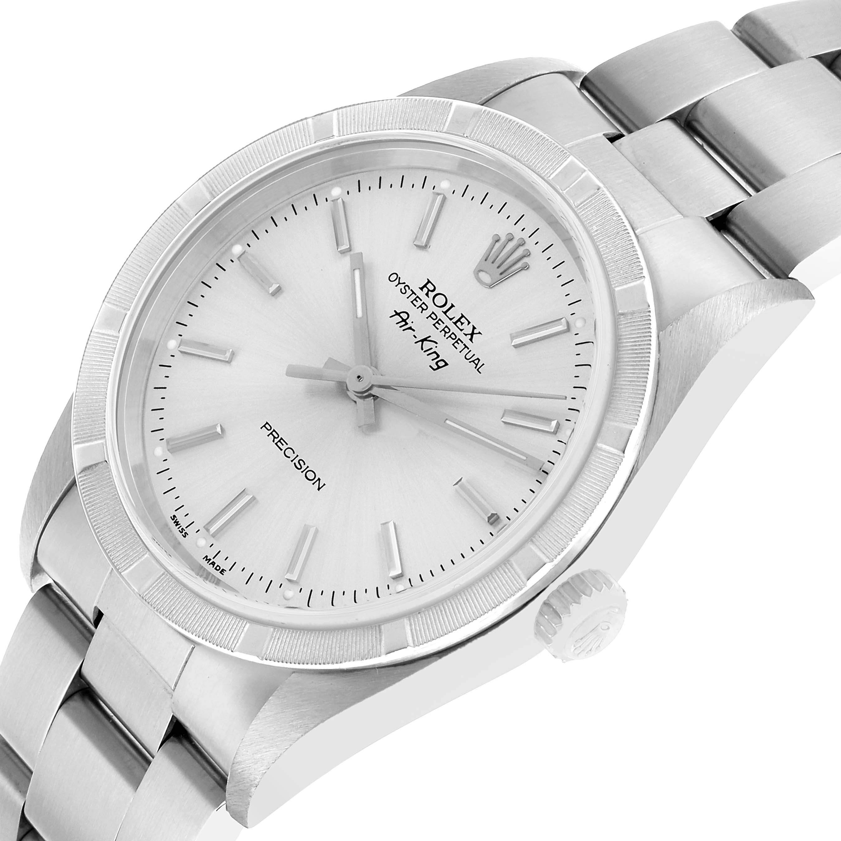 The Rolex Air-King 14010 Men's Stainless Steel Silver Dial watch is shown at a slight angle, highlighting the face, bezel, bracelet, and side crown.