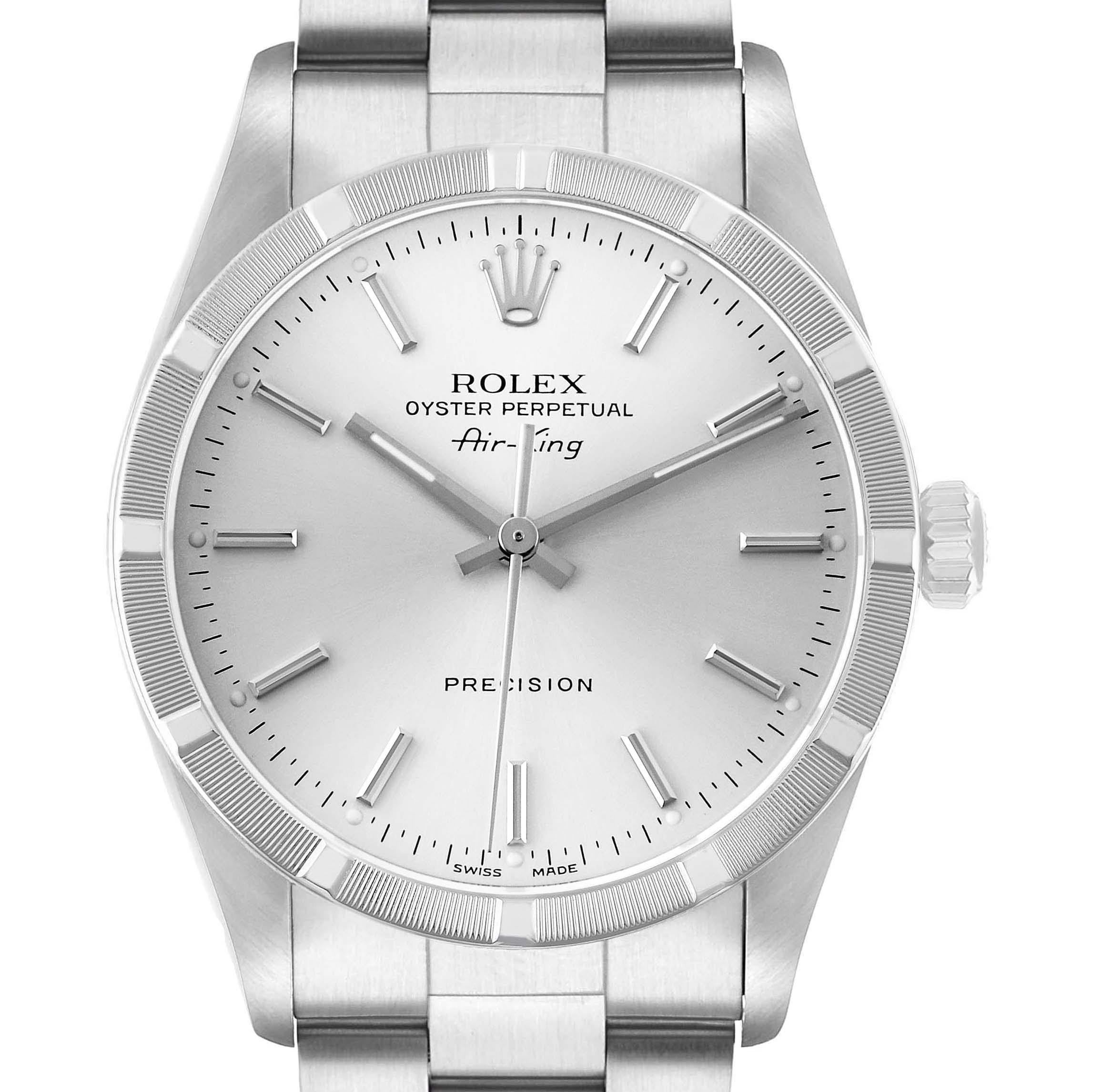 The Rolex Air-King 14010 Men's Stainless Steel Silver Dial watch is shown from the front, highlighting the face, hands, dial, and part of the bracelet.