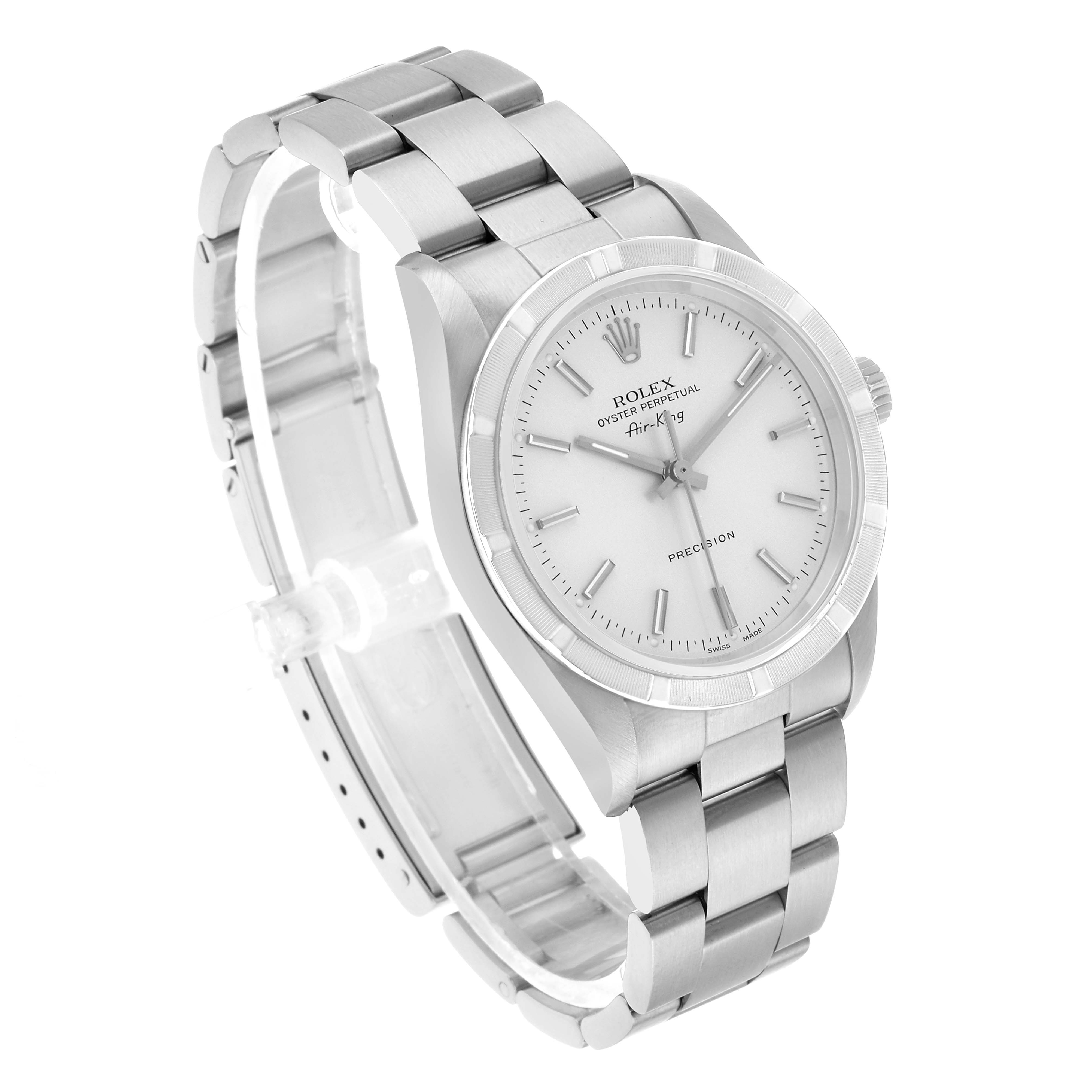 The Rolex Air-King 14010 Men's Stainless Steel Silver Dial watch is shown at an angled side view, highlighting the face, bracelet, and case.
