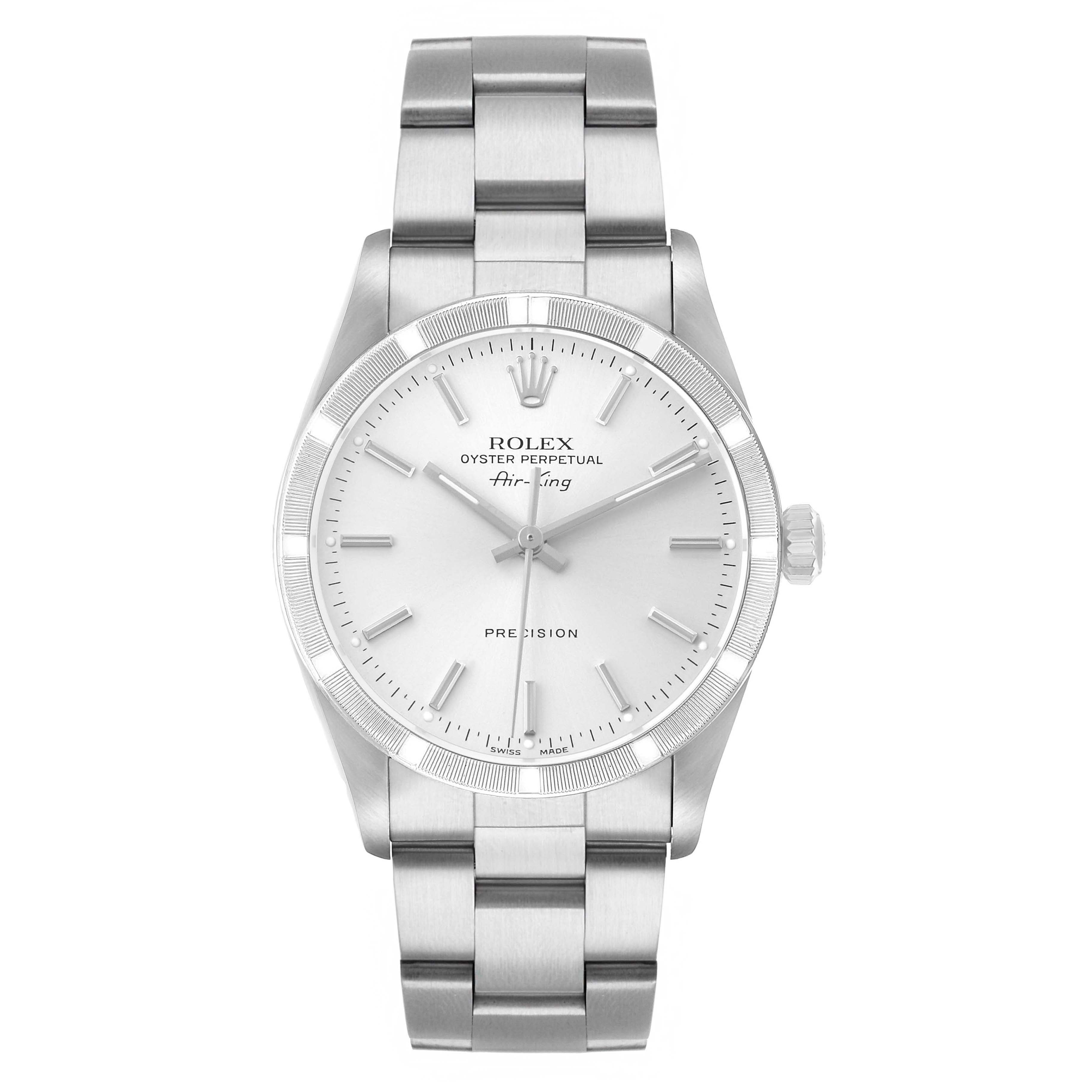 The Rolex Air-King 14010 Men's Stainless Steel Silver Dial watch is shown from a front angle, displaying the face, bezel, crown, and full bracelet.