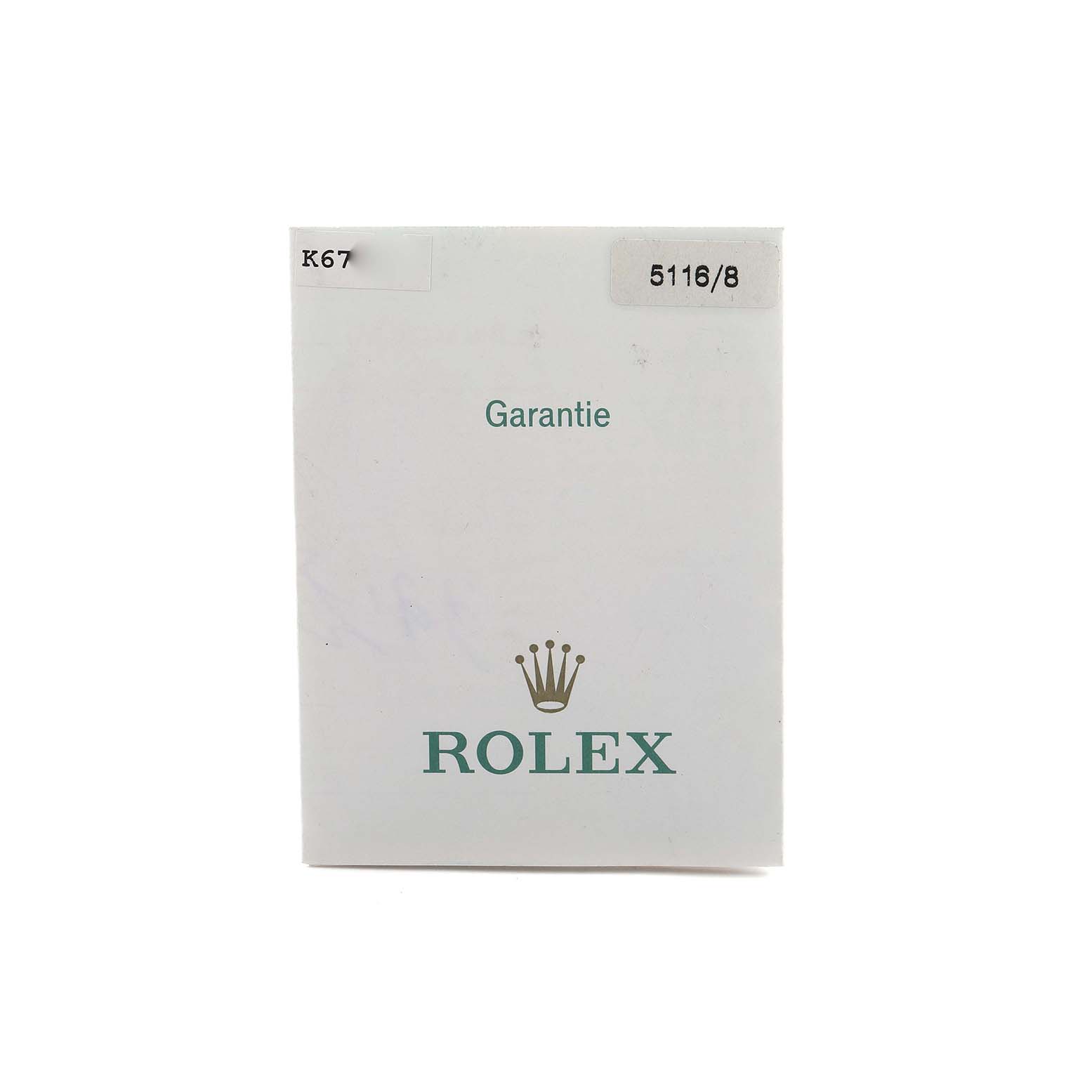This image shows a warranty card for the Rolex Cellini 5116/8 Men's Yellow Gold White Dial, depicting the Rolex logo and text "Garantie."