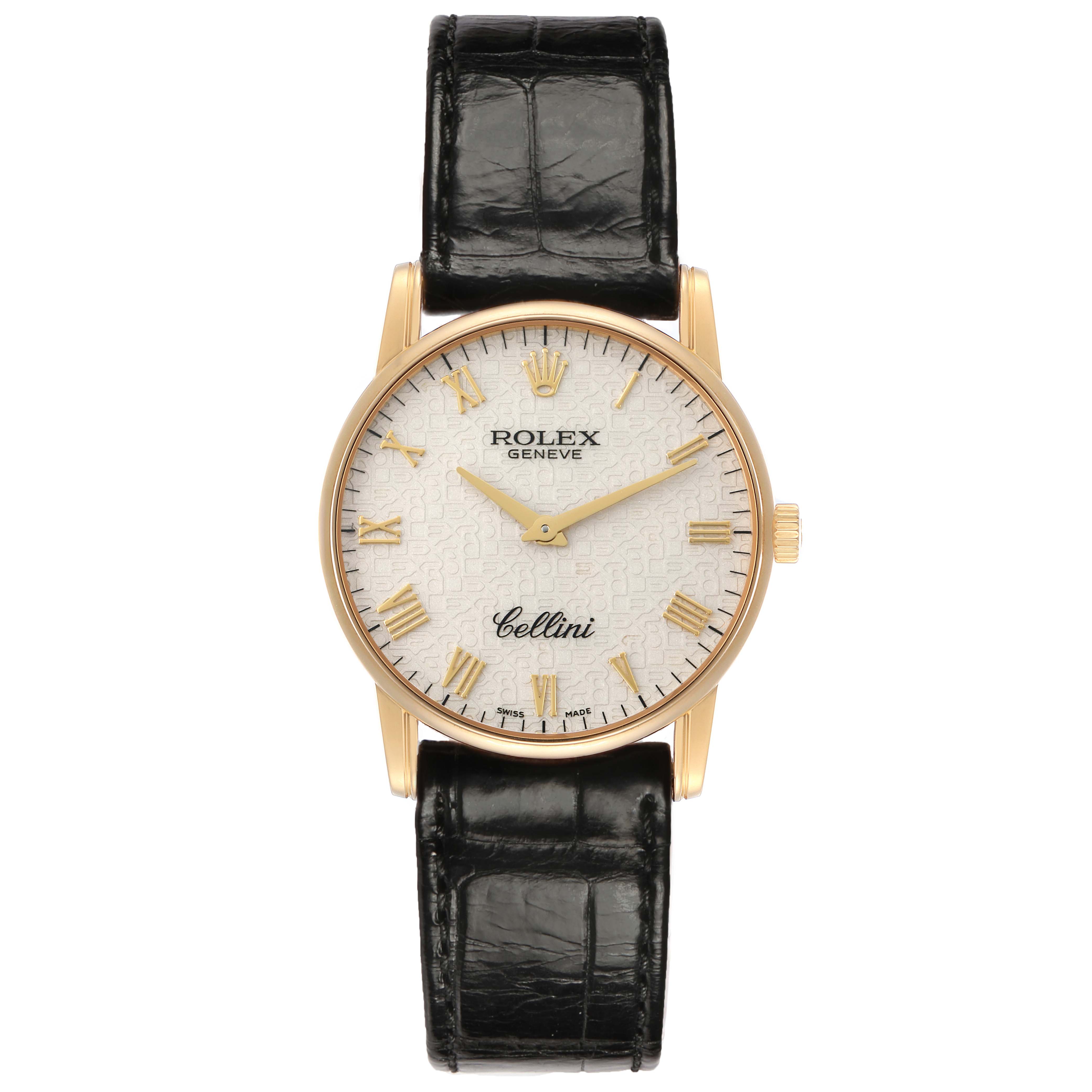 The Rolex Cellini 5116/8 Men's Yellow Gold White Dial watch is shown from a front angle, highlighting its face, case, and strap.