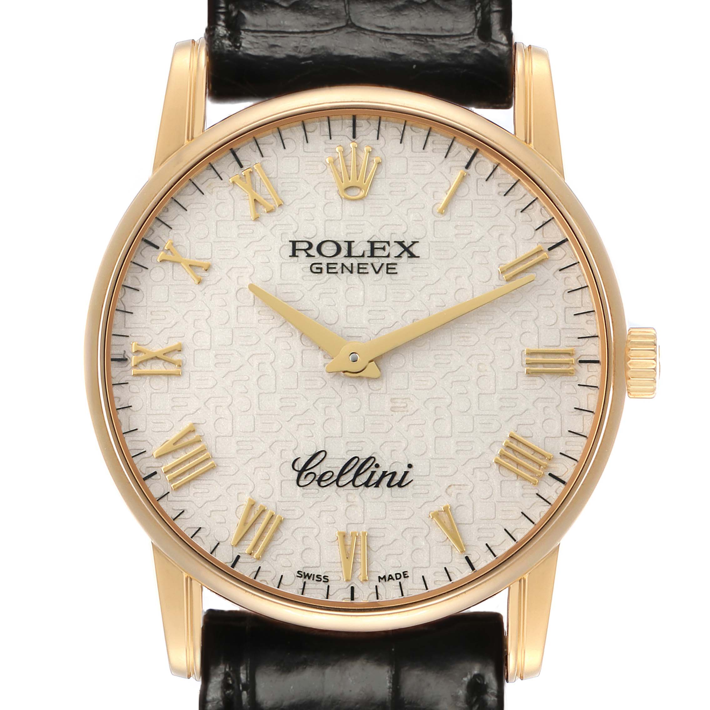 The Rolex Cellini 5116/8 Men's Yellow Gold White Dial watch is shown from the front, displaying the dial, hands, brand name, and Roman numerals.