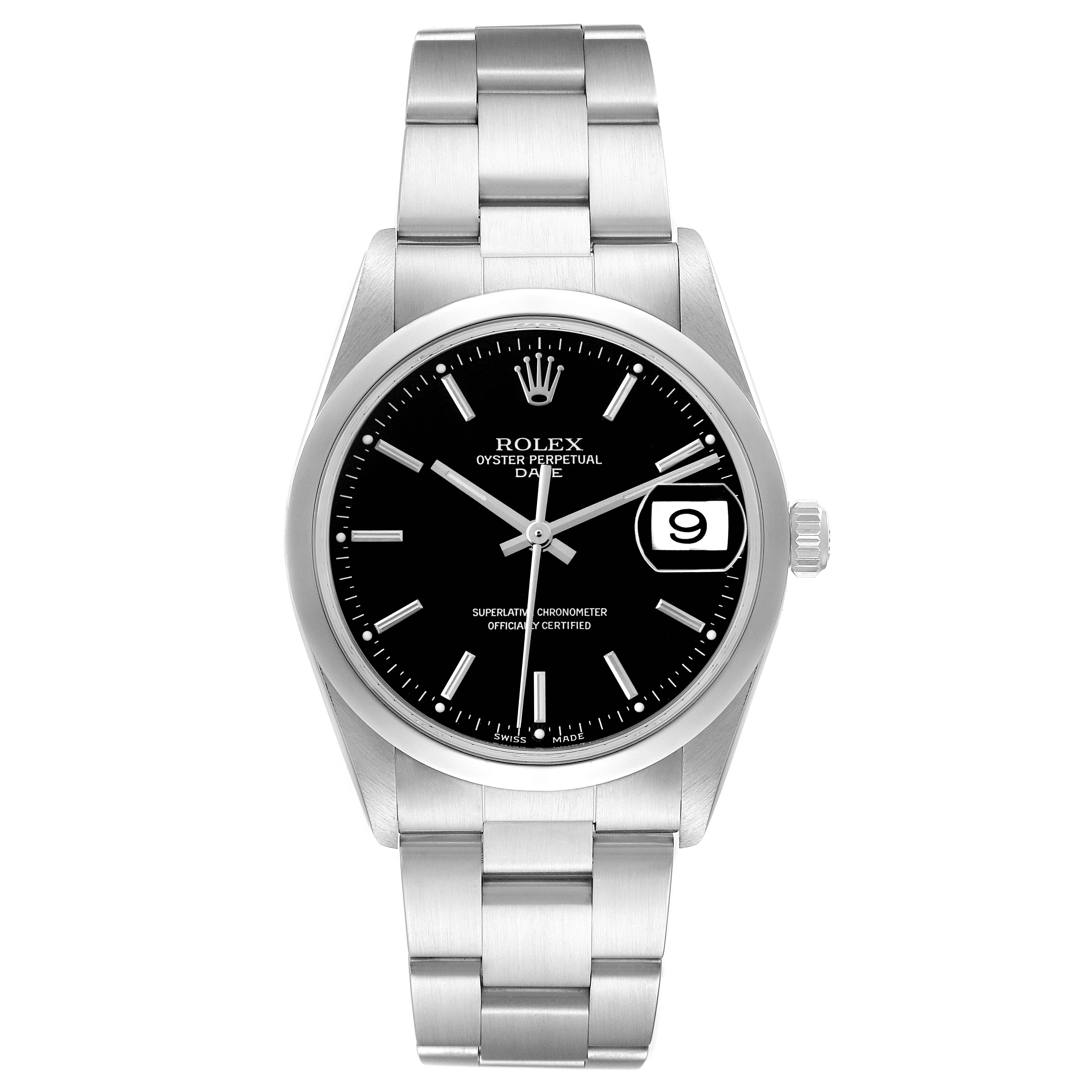 The Rolex Date 15200 Men's Stainless Steel Black Dial model is shown from a front angle, highlighting the dial, bezel, bracelet, and date magnifier.