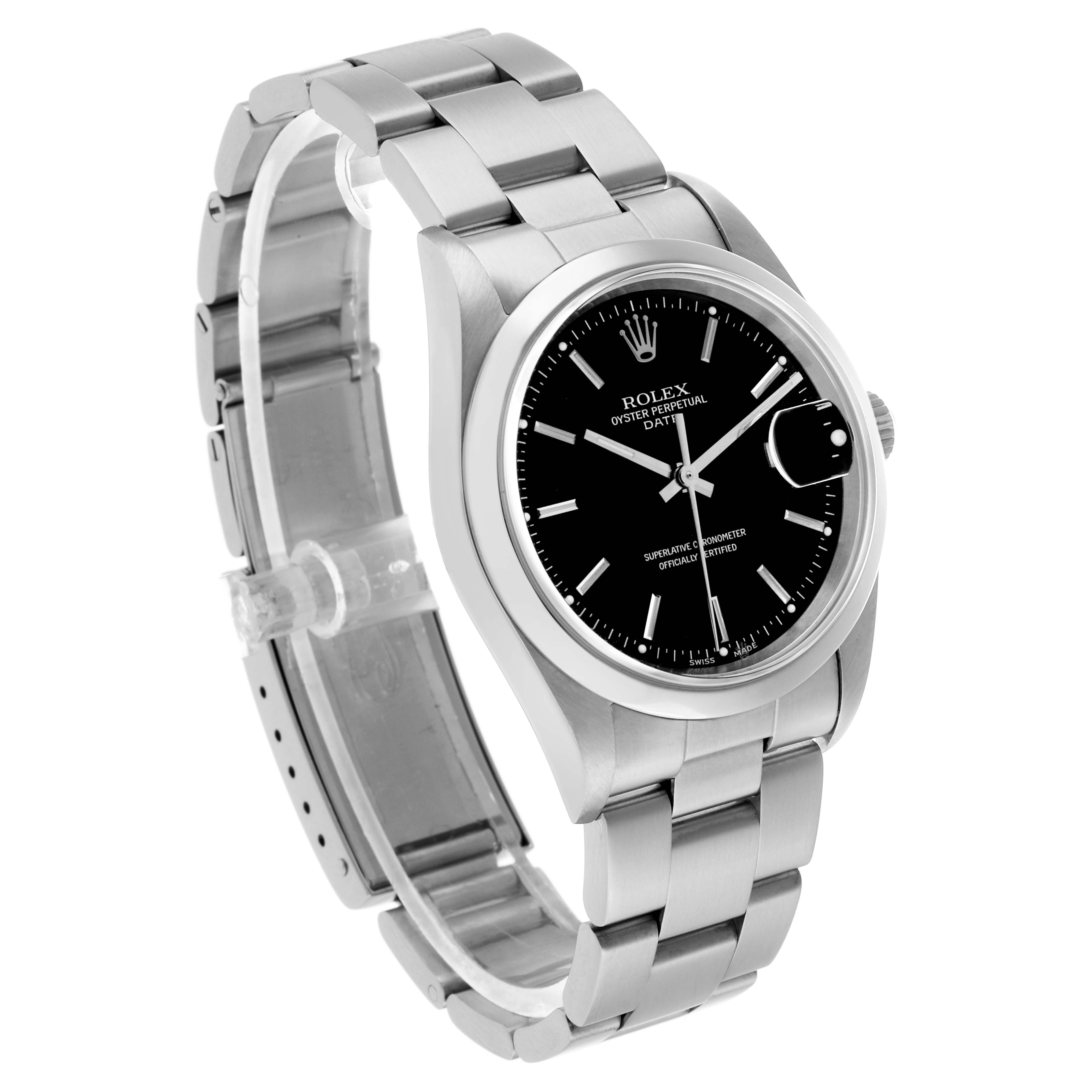 The Rolex Date 15200 Men's Stainless Steel Black Dial model is shown at a three-quarter angle, highlighting the dial, bezel, bracelet, and clasp.