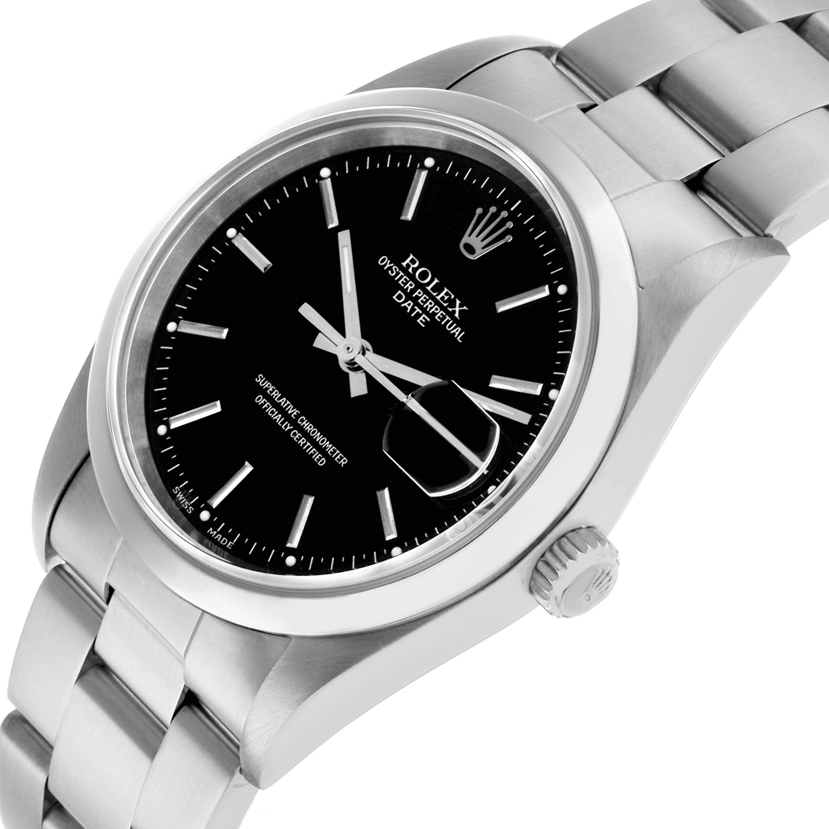 The Rolex Date 15200 Men's Stainless Steel Black Dial watch is shown at an angled side view, highlighting the dial, bezel, bracelet, and crown.