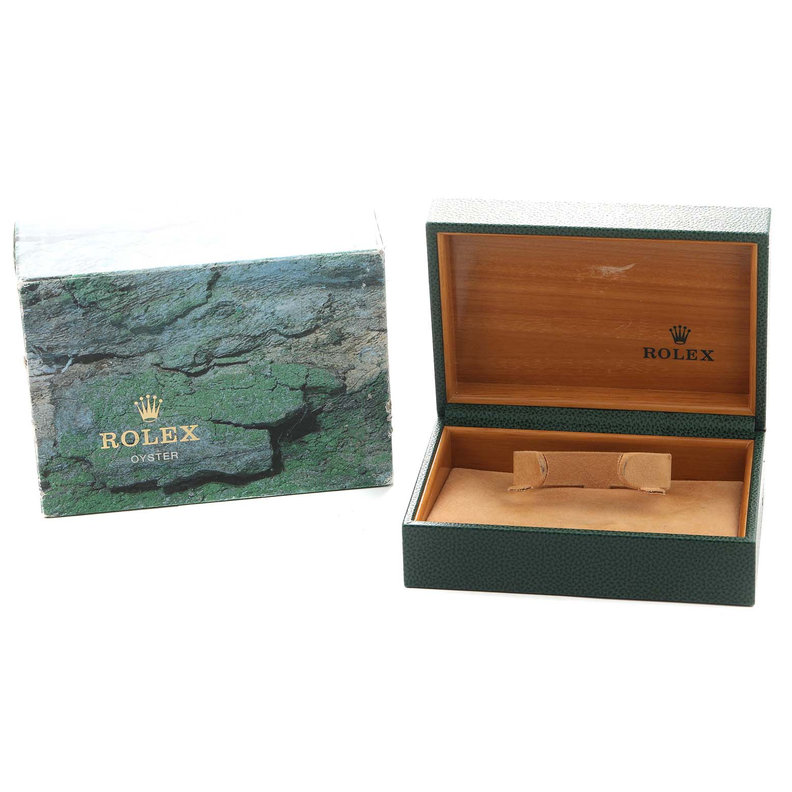 The image shows a Rolex Date 15200 Men's Stainless Steel Black Dial model watch box and its outer packaging, both at a front angle.