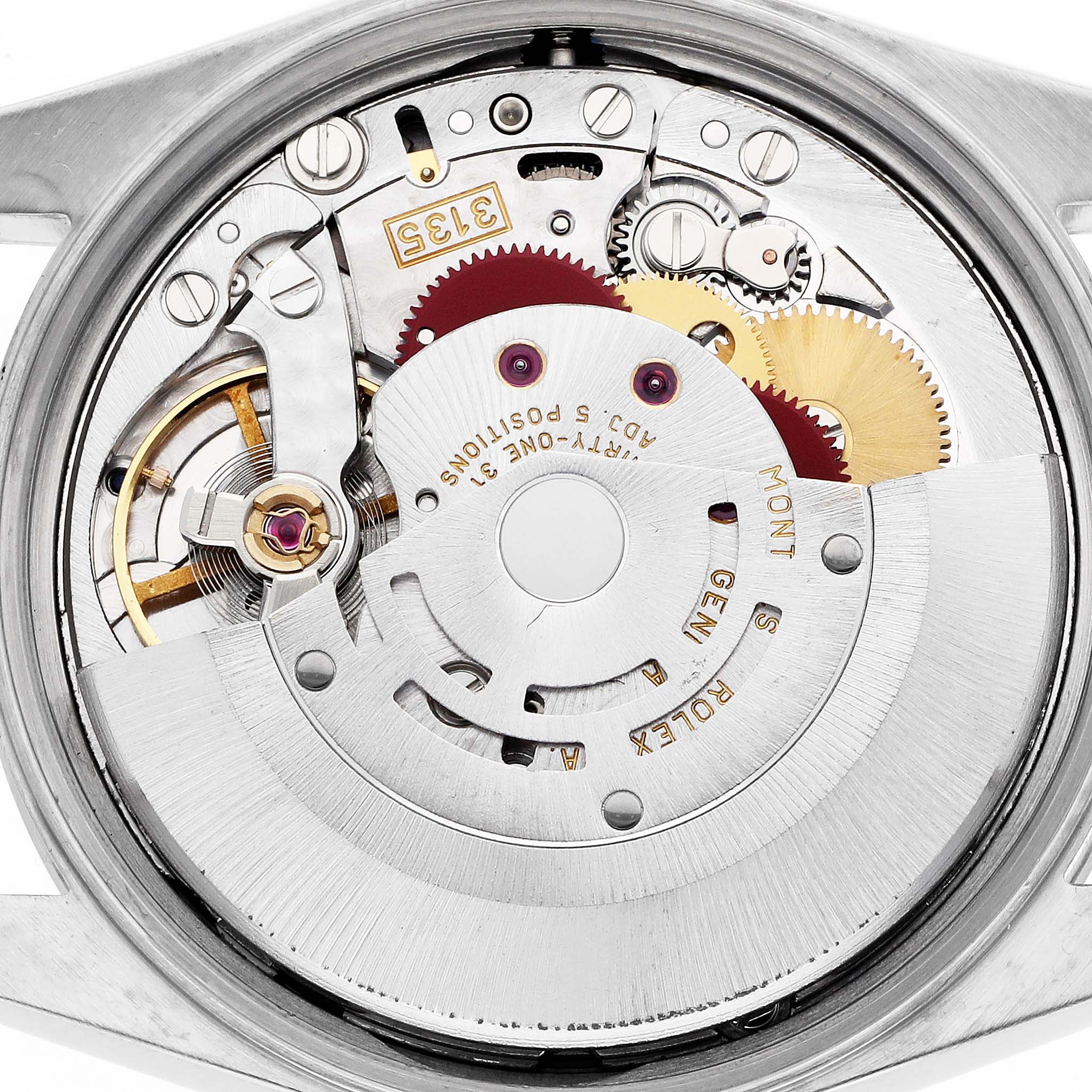 The image shows the Rolex Date 15200 Men's Stainless Steel Black Dial model from a caseback angle, revealing its intricate internal movement components.