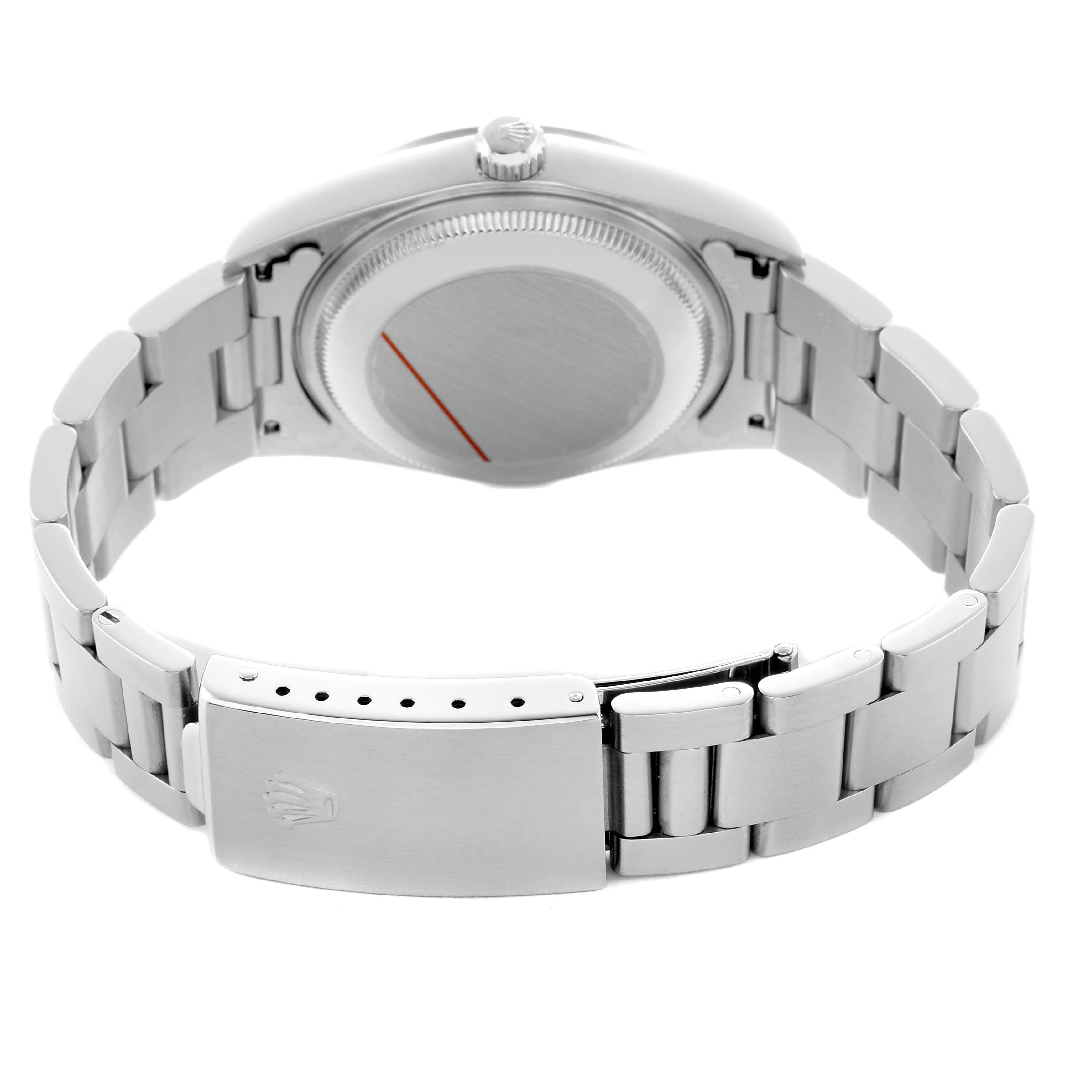 The Rolex Date 15200 Men's Stainless Steel Black Dial model is shown from the back, highlighting its case back and bracelet with the clasp visible.