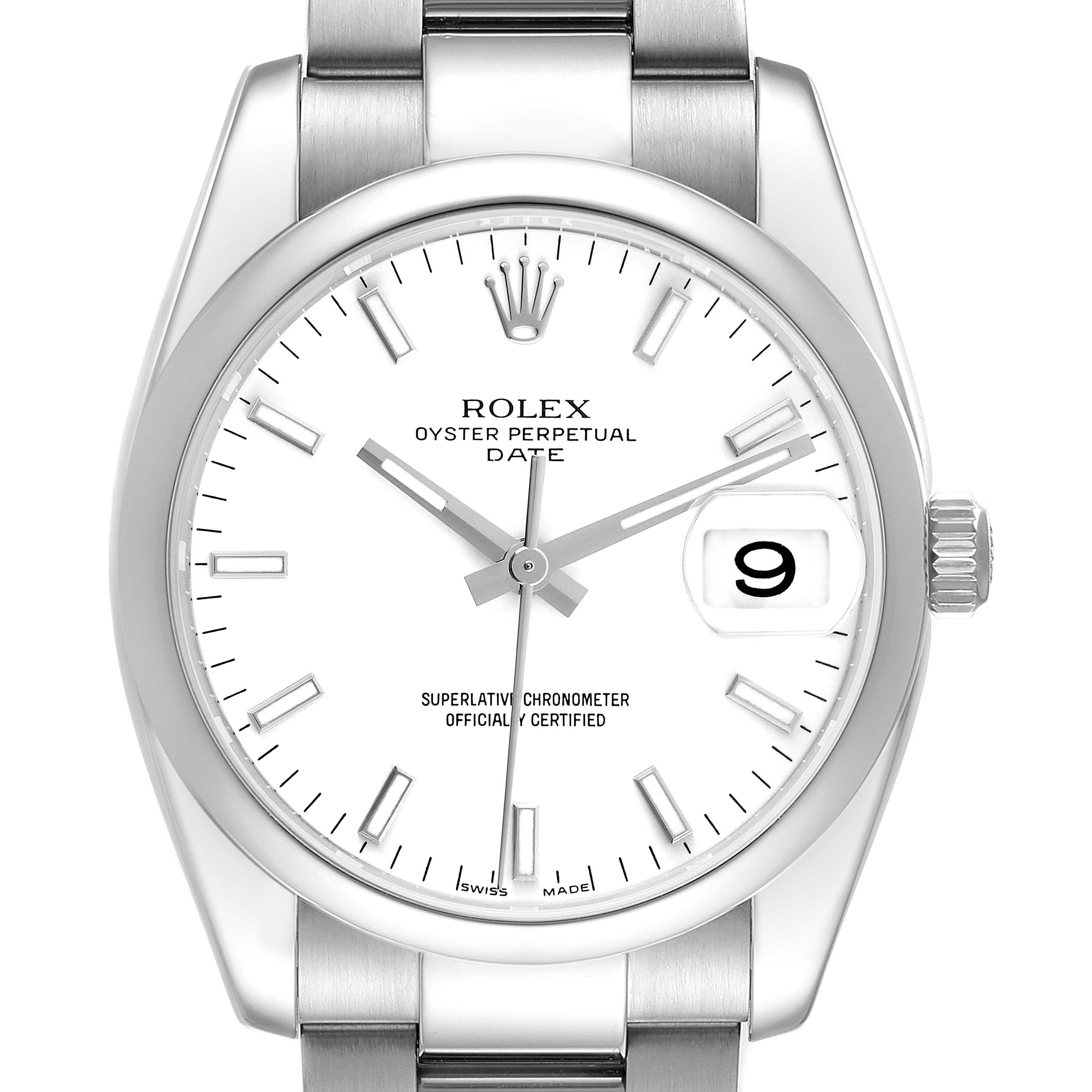 The Rolex Date 115200 Men's Stainless Steel White Dial 115200 Men's Stainless Steel White Dial model is shown from a front angle, displaying the dial, crown, date window, and part of the bracelet.