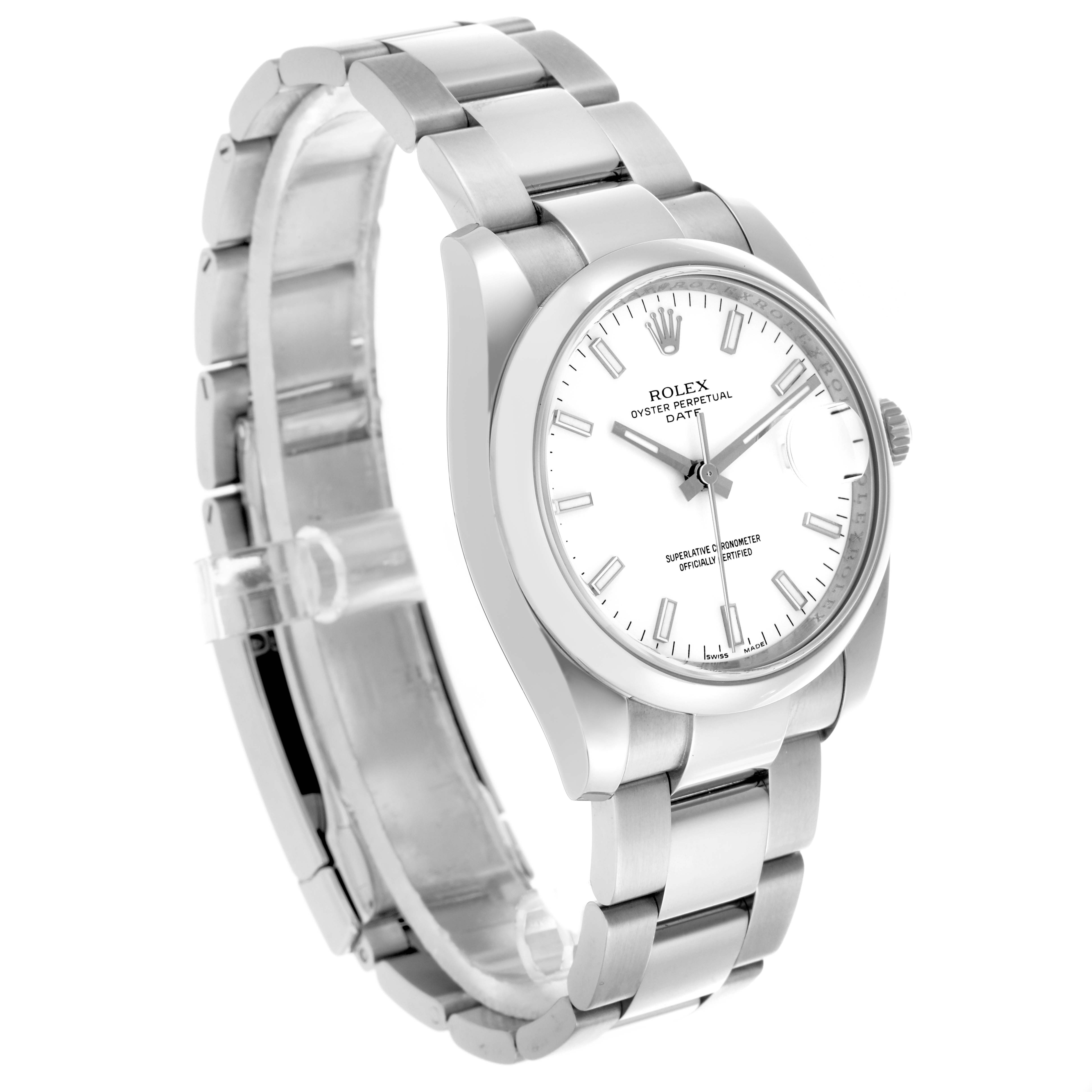 The image shows a Rolex Date 115200 Men's Stainless Steel White Dial 115200 Men's Stainless Steel White Dial model from a left side angle, highlighting the face and bracelet.