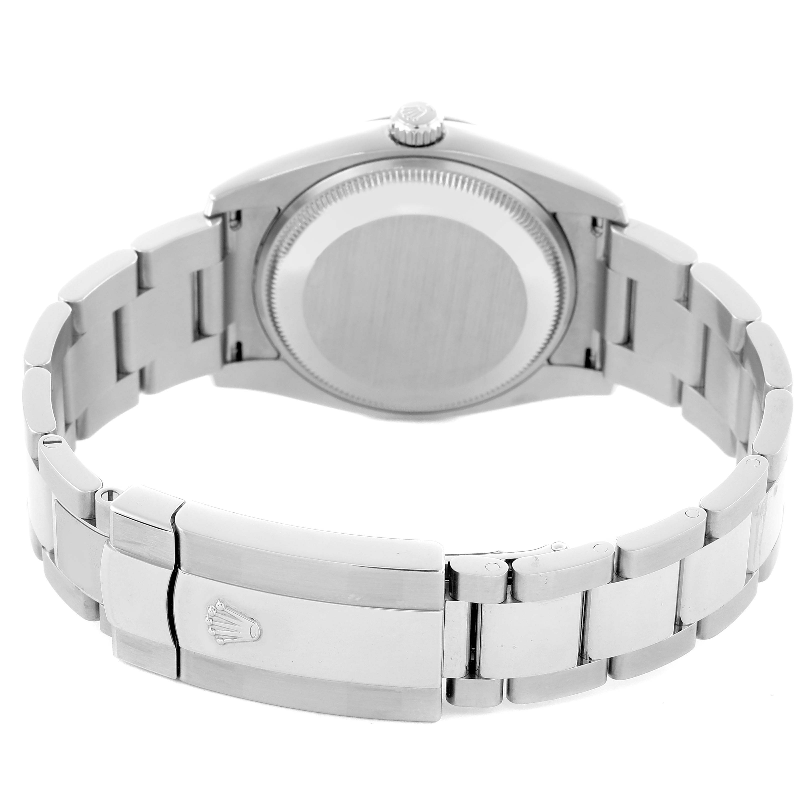 The image shows the back view and bracelet clasp of a Rolex Date 115200 Men's Stainless Steel White Dial 115200 Men's Stainless Steel White Dial model watch.